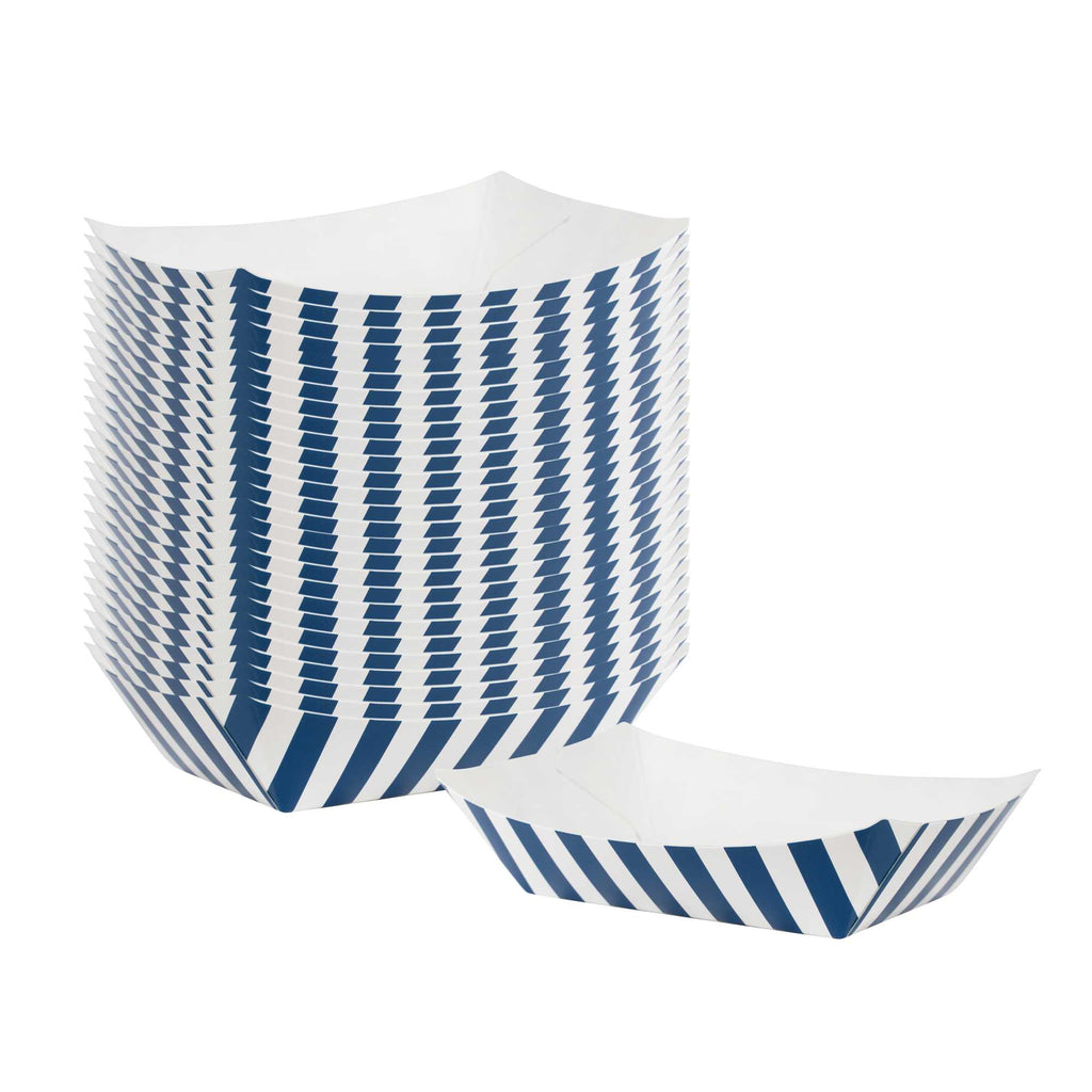 Bio Tek 4 oz Blue and White Stripe Paper #25 Food Tray / Boat - 3" x 2" x 1" - 50 count box