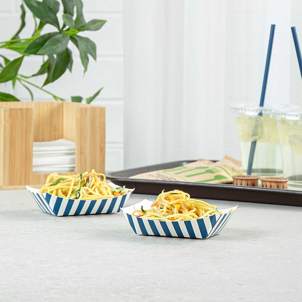 Bio Tek 4 oz Blue and White Stripe Paper #25 Food Tray / Boat - 3" x 2" x 1" - 400 count box