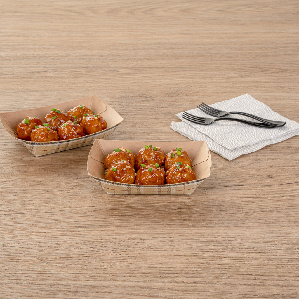 Bio Tek 4 oz Plaid Paper #25 Food Tray / Boat - 3" x 2" x 1" - 50 count box