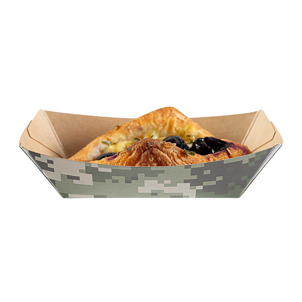 Bio Tek 4 oz Camouflage Paper #25 Food Tray / Boat - 3" x 2" x 1" - 50 count box