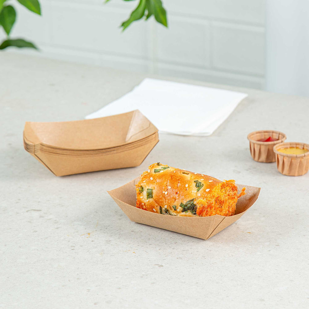 Bio Tek 4 oz Kraft Paper #25 Food Tray / Boat - 3" x 2" x 1" - 400 count box