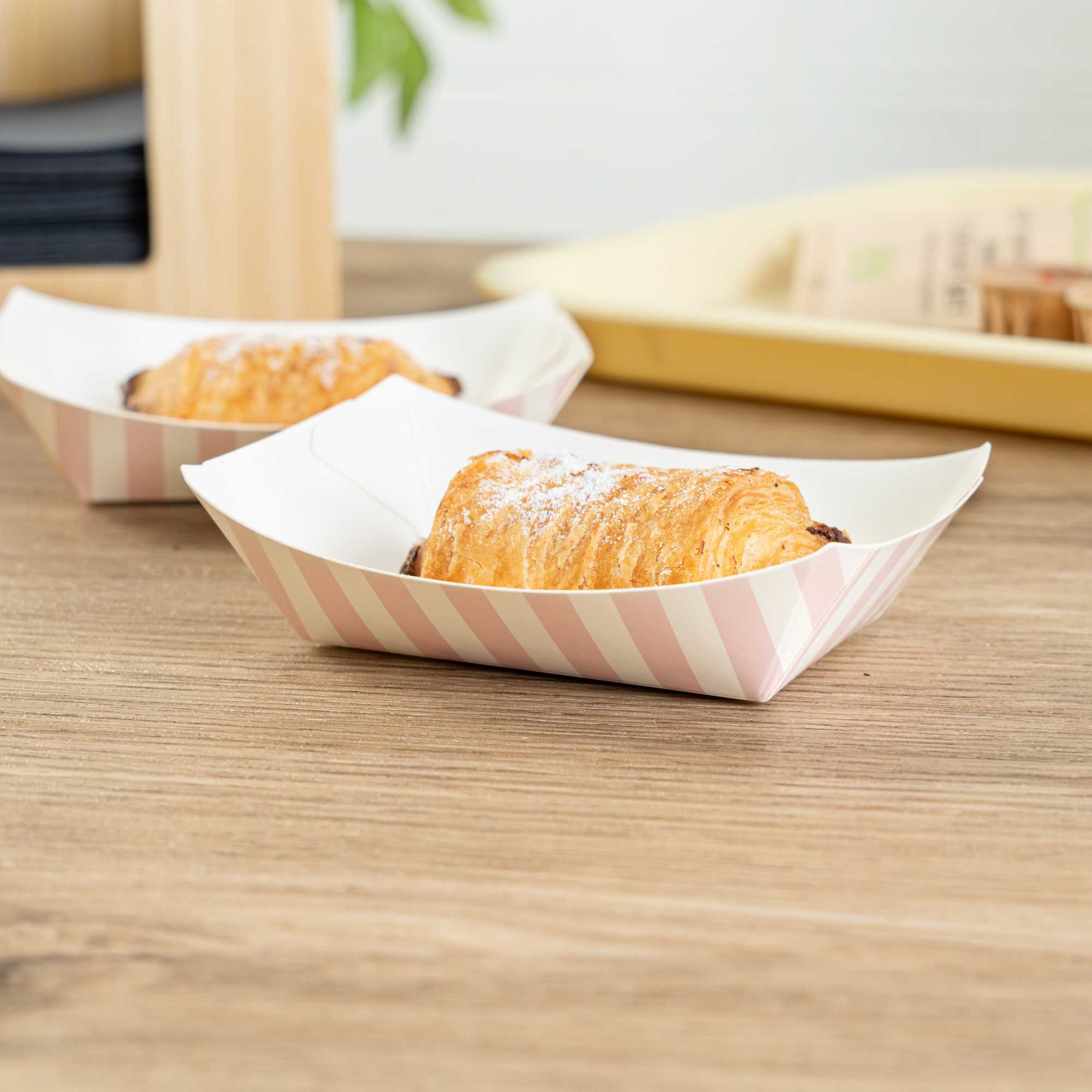 Bio Tek 4 oz Pink and White Stripe Paper #25 Food Tray / Boat - 3" x 2" x 1" - 50 count box