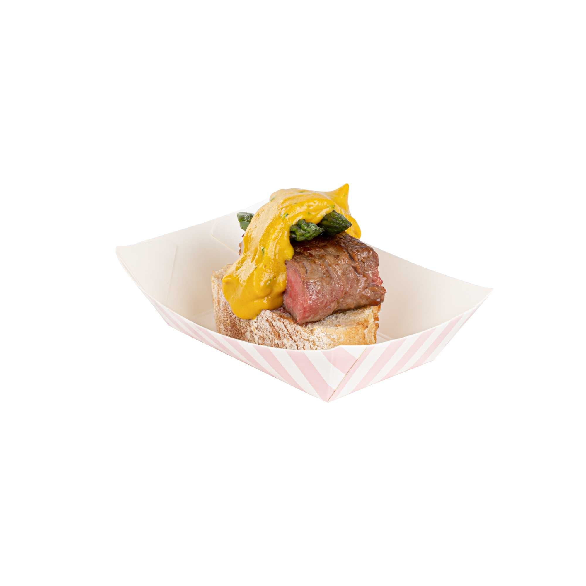Bio Tek 4 oz Pink and White Stripe Paper #25 Food Tray / Boat - 3" x 2" x 1" - 400 count box