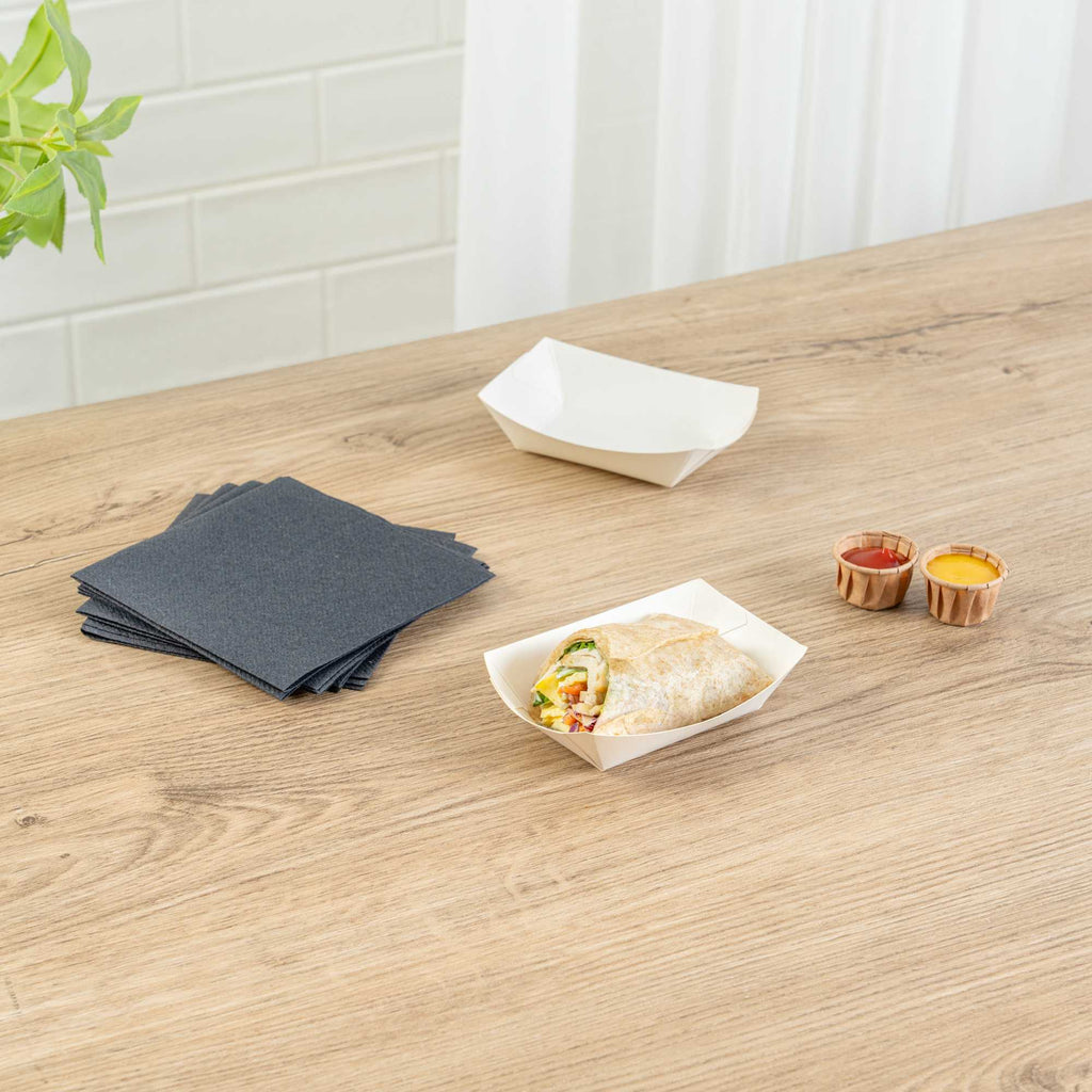 Bio Tek 4 oz White Paper #25 Food Tray / Boat - 3" x 2" x 1" - 50 count box