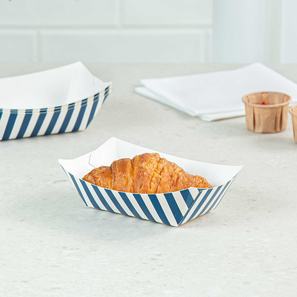 Bio Tek 6 oz Blue and White Stripe Paper #40 Food Tray / Boat - 5" x 4" x 1 1/2" - 50 count box