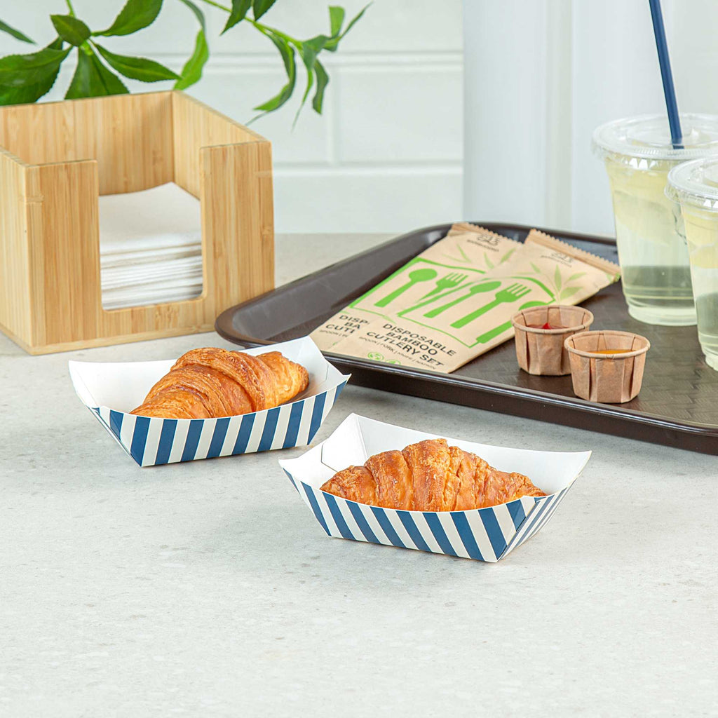 Bio Tek 6 oz Blue and White Stripe Paper #40 Food Tray / Boat - 5" x 4" x 1 1/2" - 50 count box