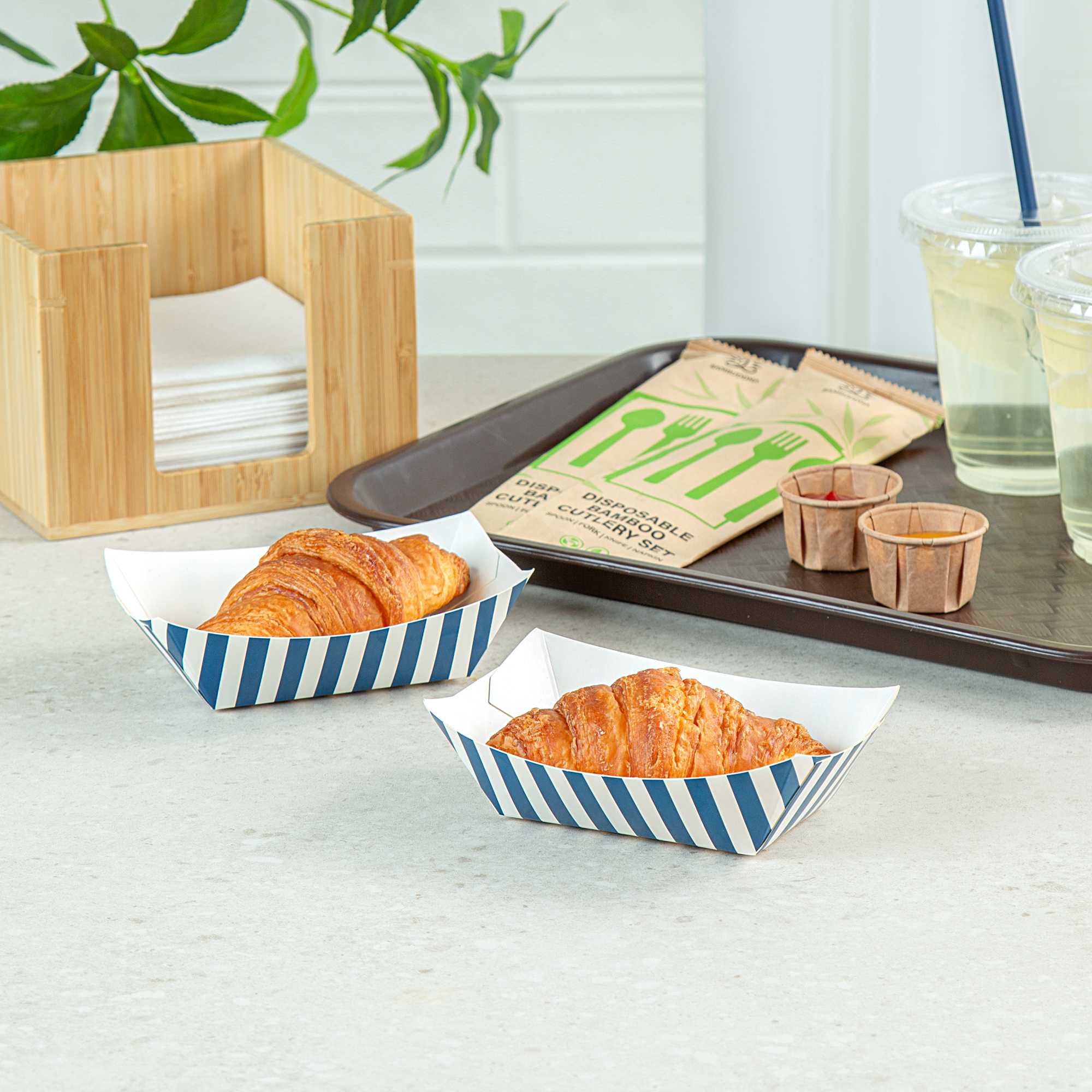 Bio Tek 6 oz Blue and White Stripe Paper #40 Food Tray / Boat - 5" x 4" x 1 1/2" - 50 count box