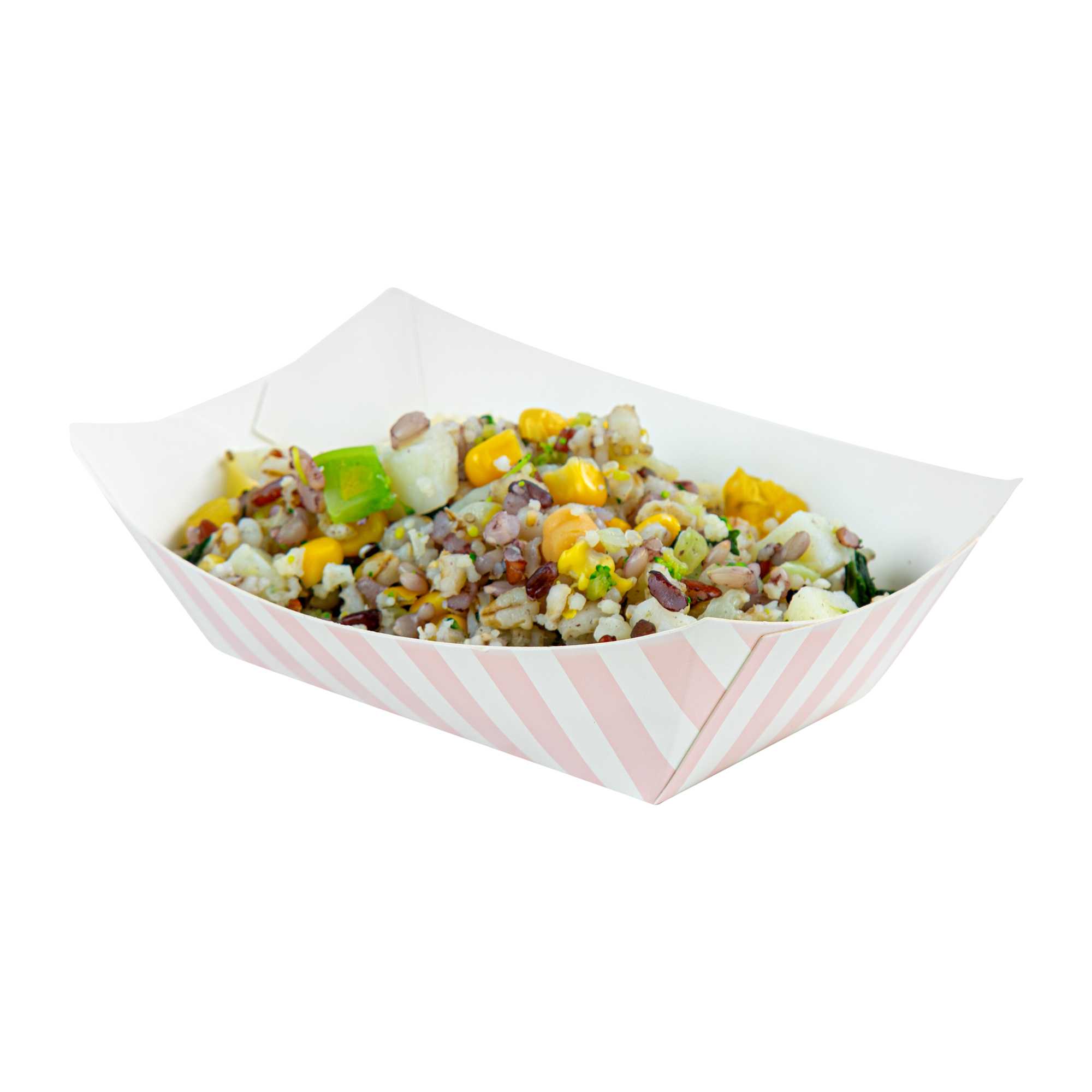 Bio Tek 6 oz Pink and White Stripe Paper #40 Food Tray / Boat - 5" x 4" x 1 1/2" - 50 count box