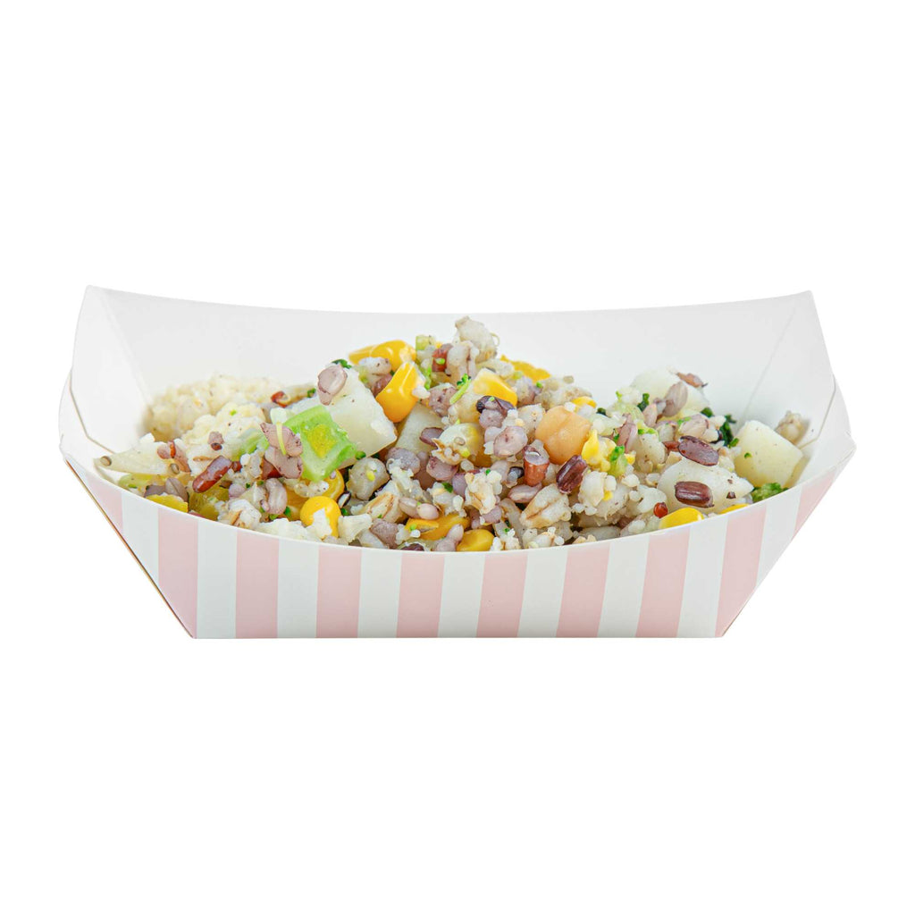 Bio Tek 6 oz Pink and White Stripe Paper #40 Food Tray / Boat - 5" x 4" x 1 1/2" - 50 count box