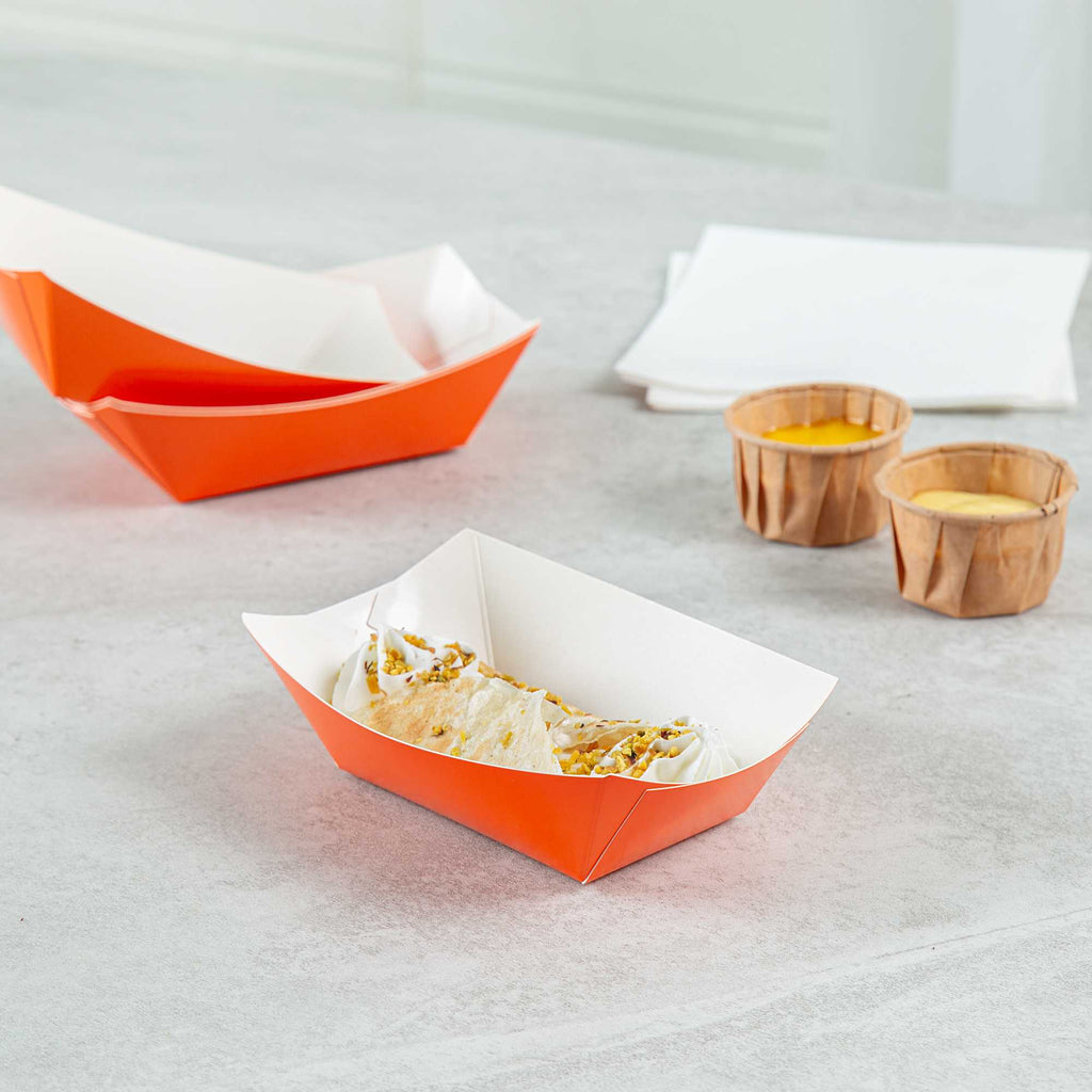 Bio Tek 6 oz Tangerine Orange Paper #40 Food Tray / Boat - 5" x 4" x 1 1/2" - 50 count box