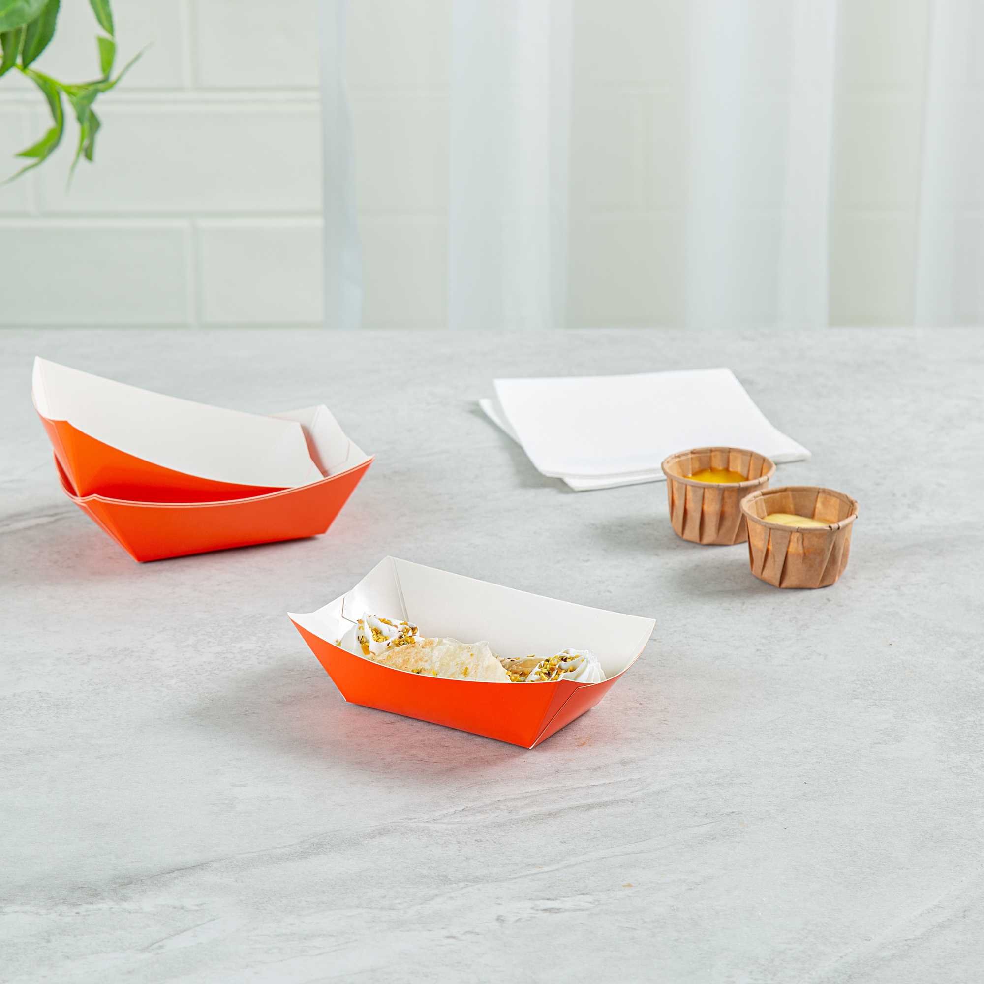 Bio Tek 6 oz Tangerine Orange Paper #40 Food Tray / Boat - 5" x 4" x 1 1/2" - 50 count box