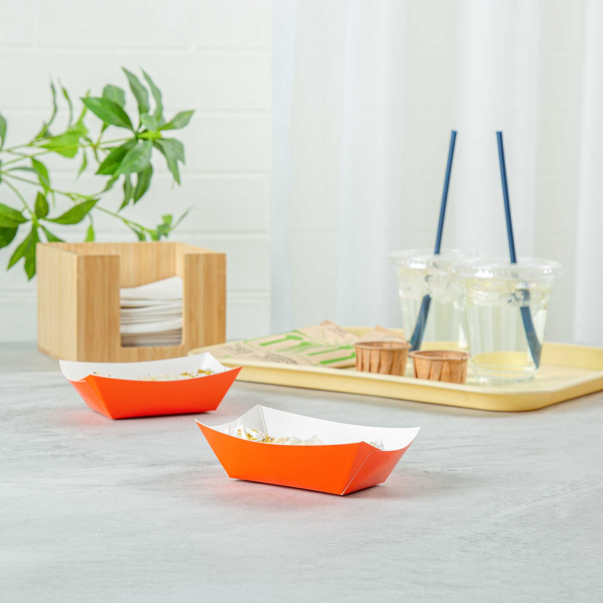 Bio Tek 6 oz Tangerine Orange Paper #40 Food Tray / Boat - 5" x 4" x 1 1/2" - 50 count box