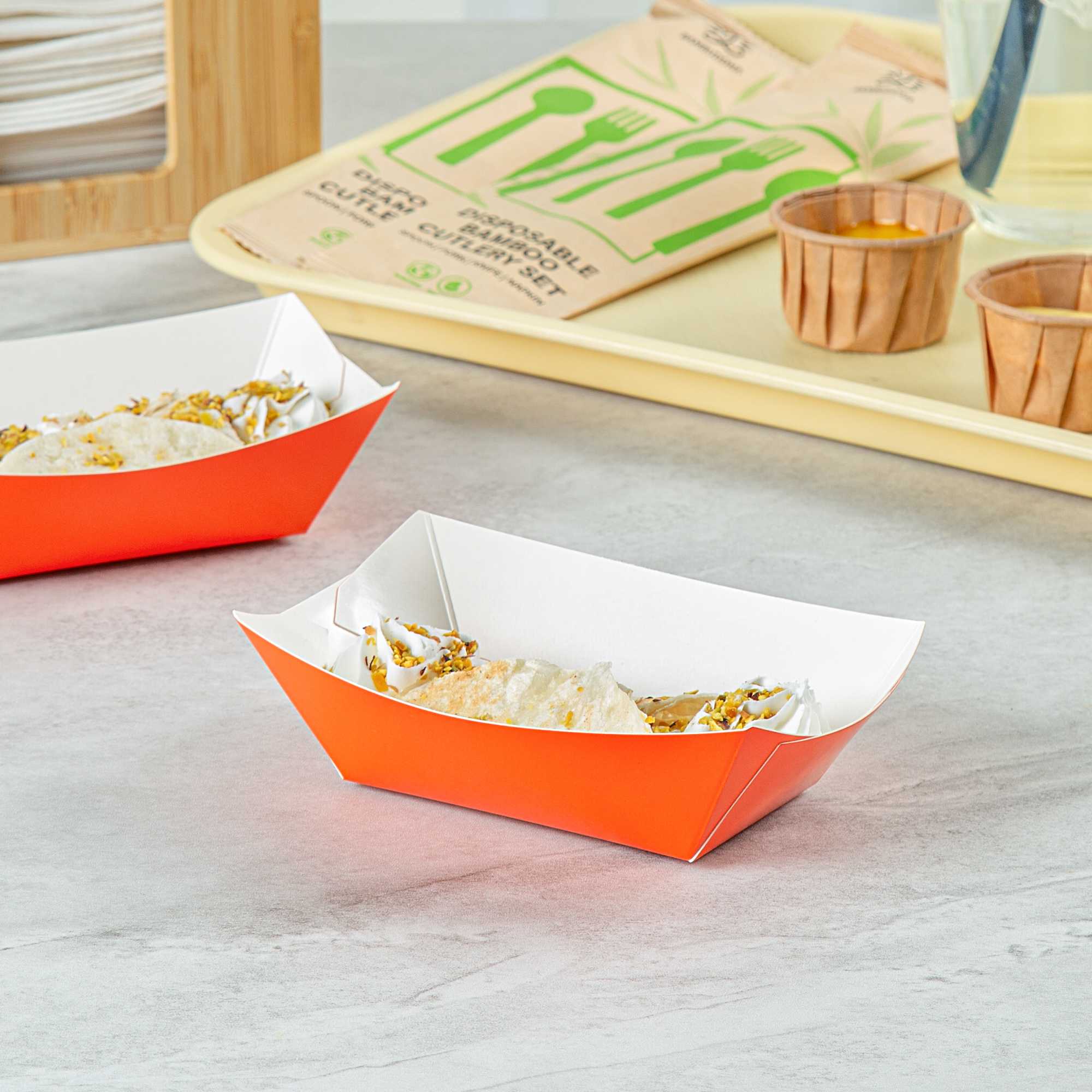 Bio Tek 6 oz Tangerine Orange Paper #40 Food Tray / Boat - 5" x 4" x 1 1/2" - 50 count box