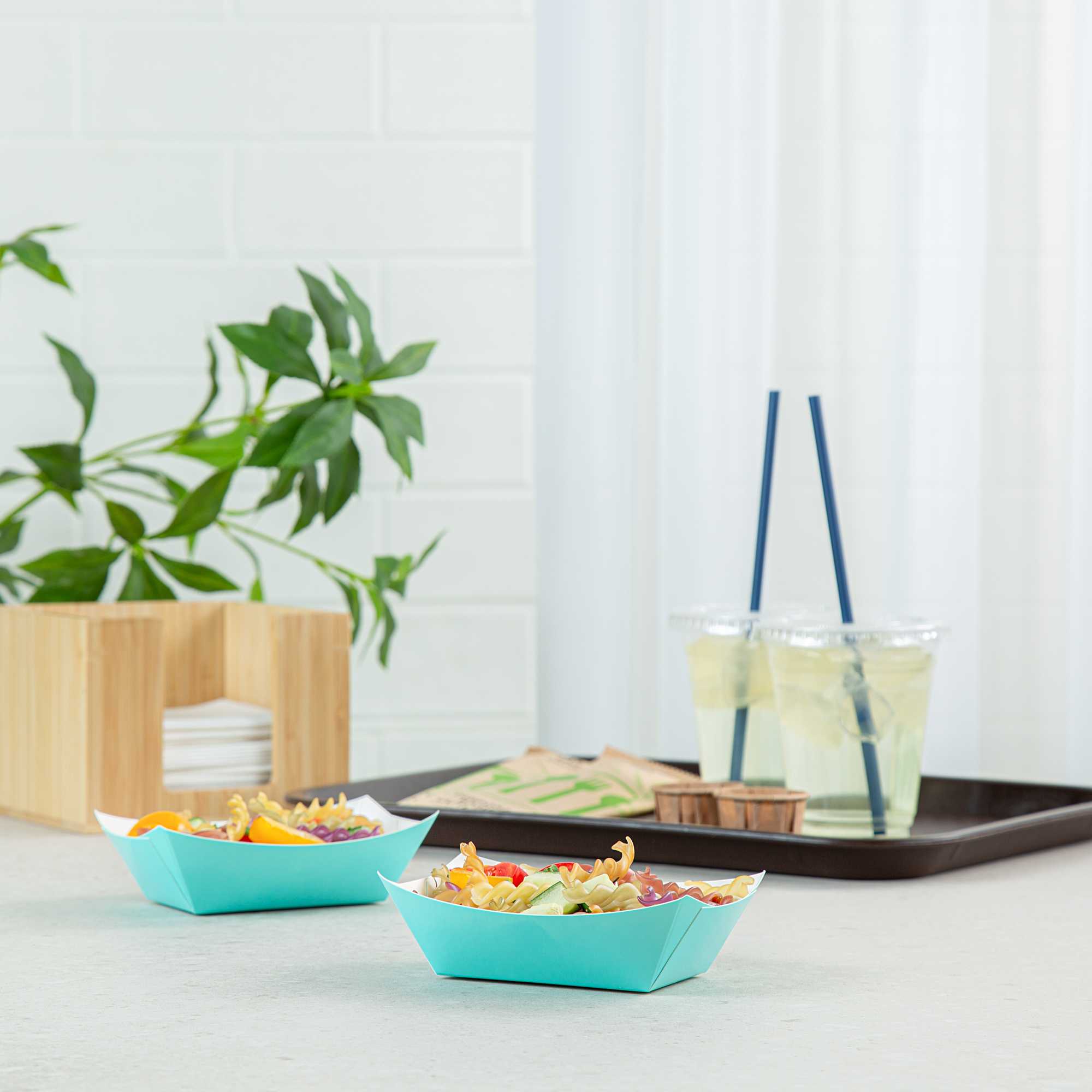 Bio Tek 6 oz Turquoise Paper #40 Food Tray / Boat - 5" x 4" x 1 1/2" - 50 count box