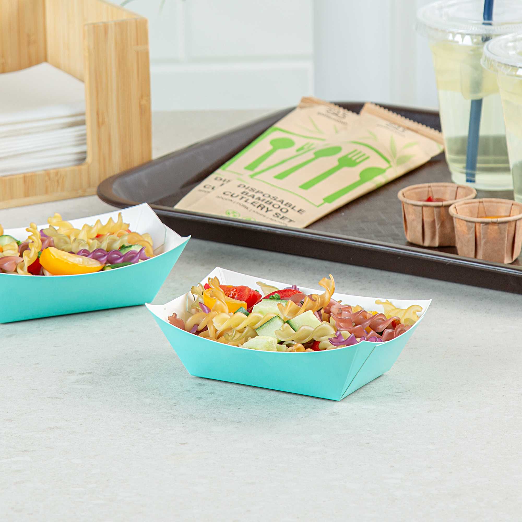 Bio Tek 6 oz Turquoise Paper #40 Food Tray / Boat - 5" x 4" x 1 1/2" - 50 count box
