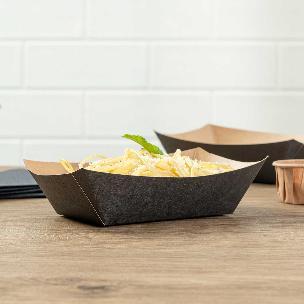 Bio Tek 1/2 lb Black Paper #50 Food Tray / Boat - 4 1/4" x 2 3/4" x 1 1/2" - 400 count box