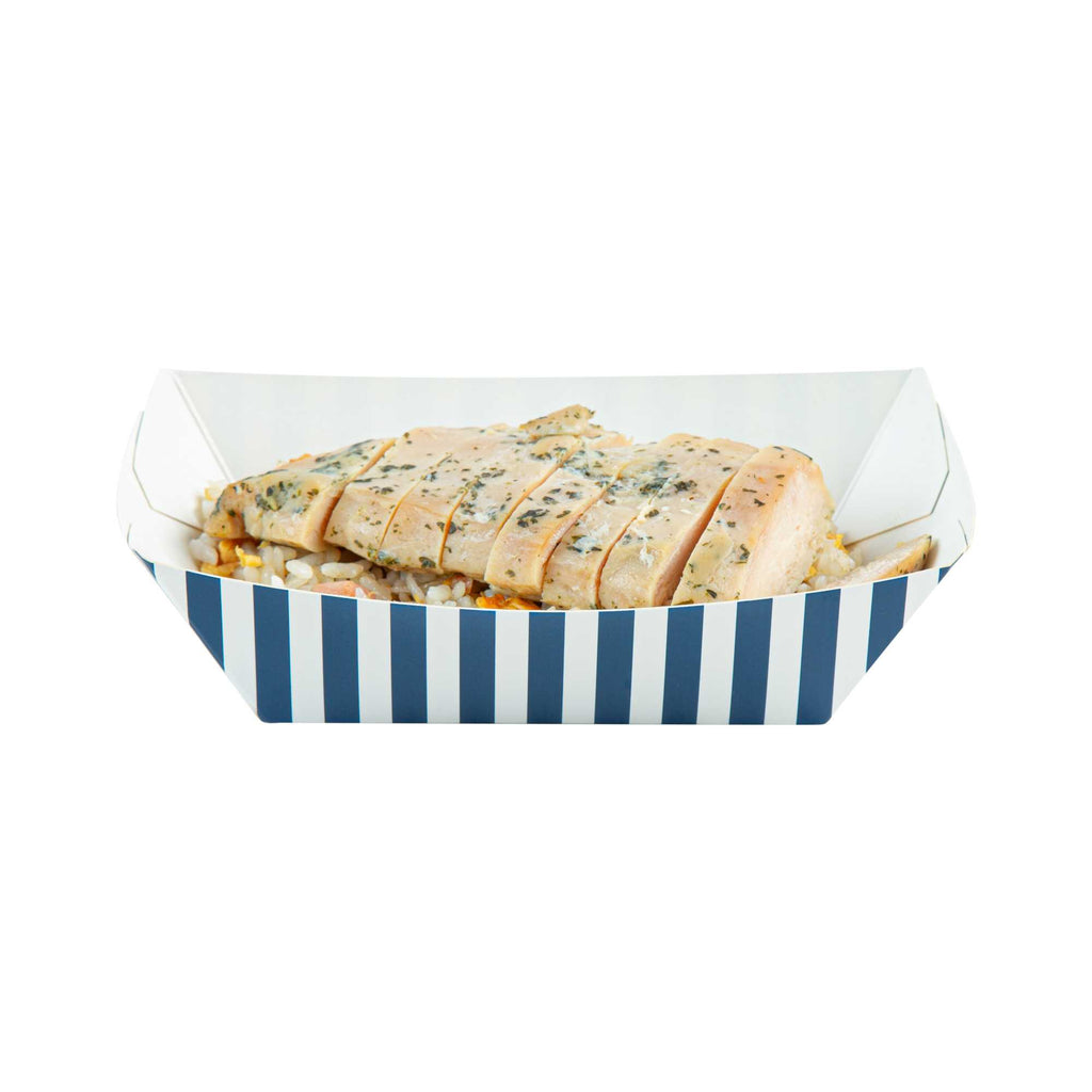 Bio Tek 1/2 lb Blue and White Stripe Paper #50 Food Tray / Boat - 4 1/4" x 2 3/4" x 1 1/2" - 50 count box
