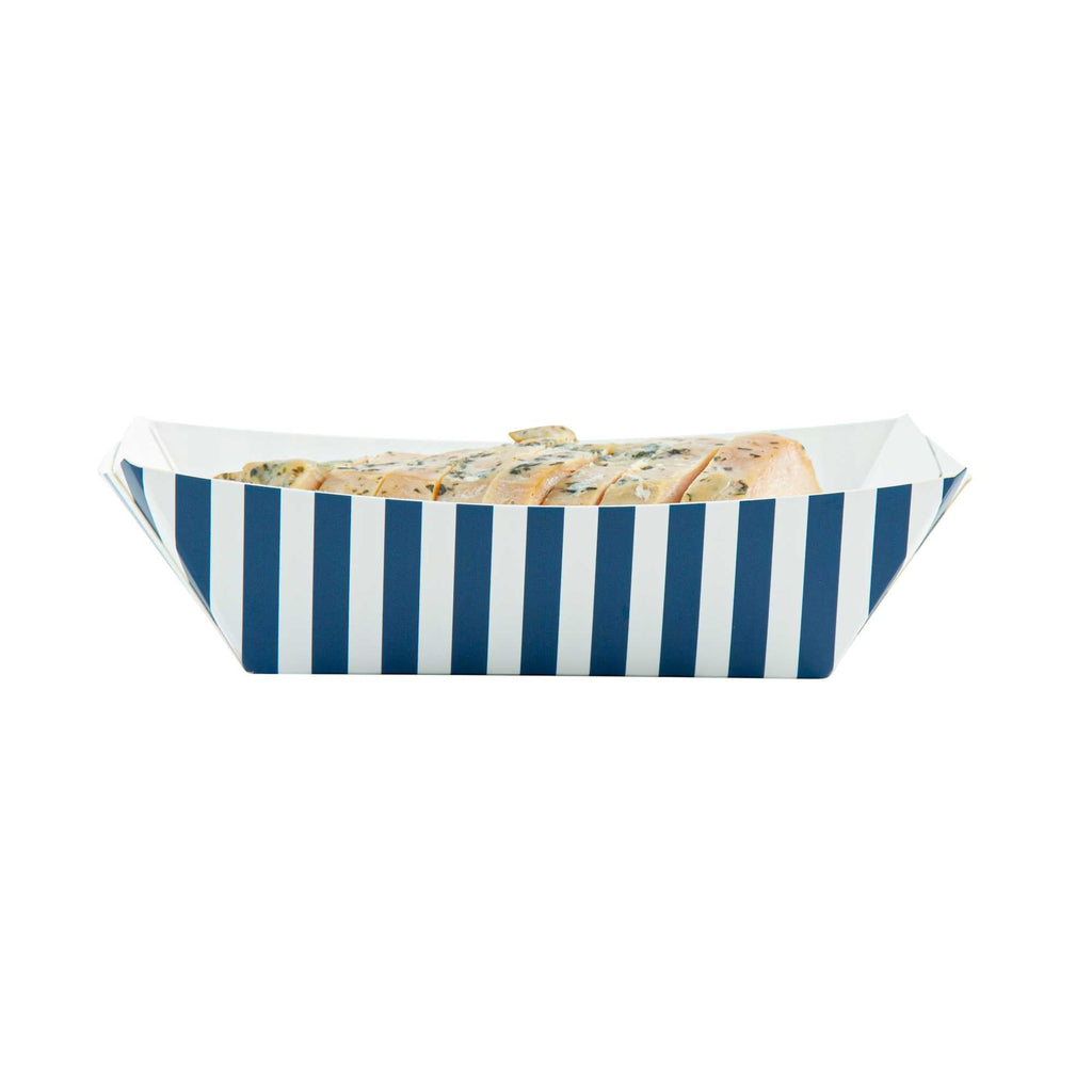 Bio Tek 1/2 lb Blue and White Stripe Paper #50 Food Tray / Boat - 4 1/4" x 2 3/4" x 1 1/2" - 50 count box