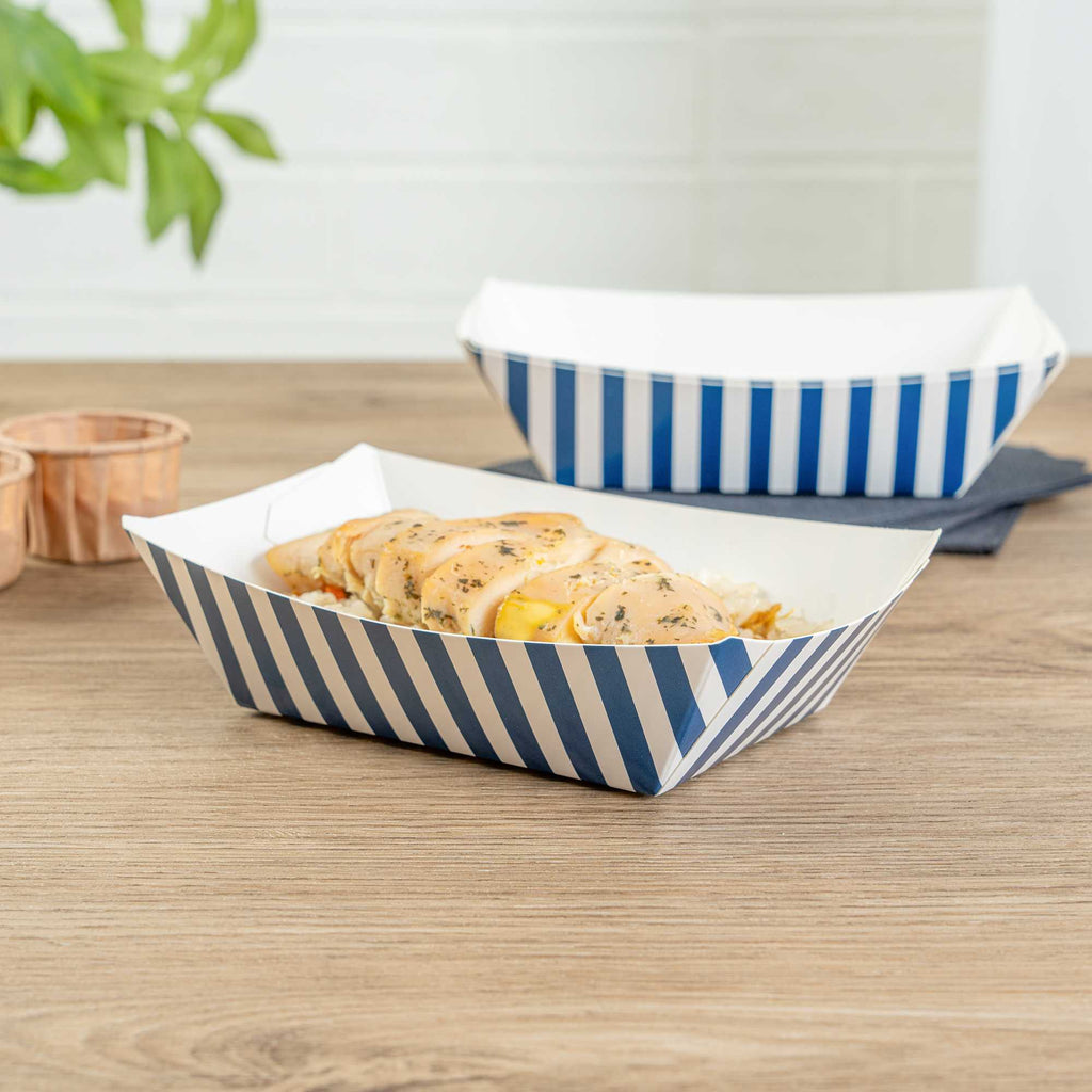 Bio Tek 1/2 lb Blue and White Stripe Paper #50 Food Tray / Boat - 4 1/4" x 2 3/4" x 1 1/2" - 50 count box