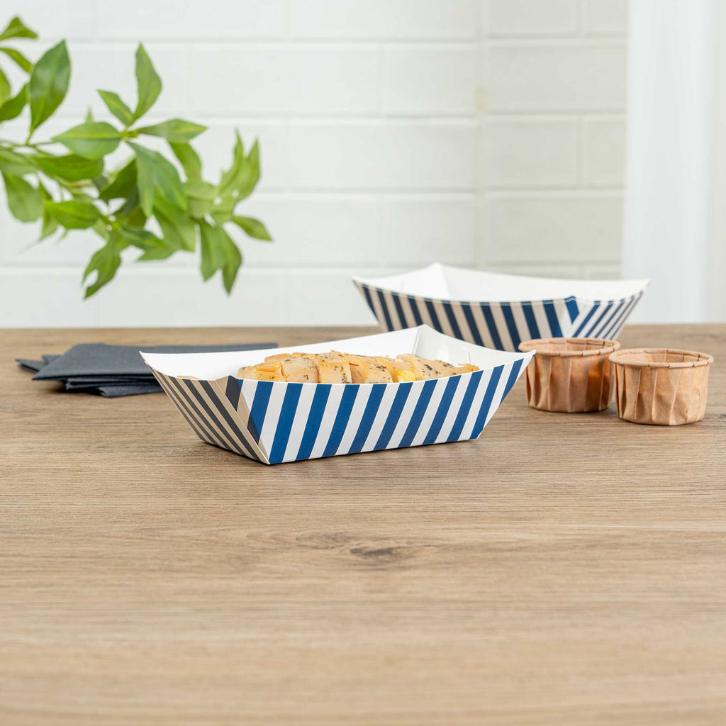 Bio Tek 1/2 lb Blue and White Stripe Paper #50 Food Tray / Boat - 4 1/4" x 2 3/4" x 1 1/2" - 50 count box