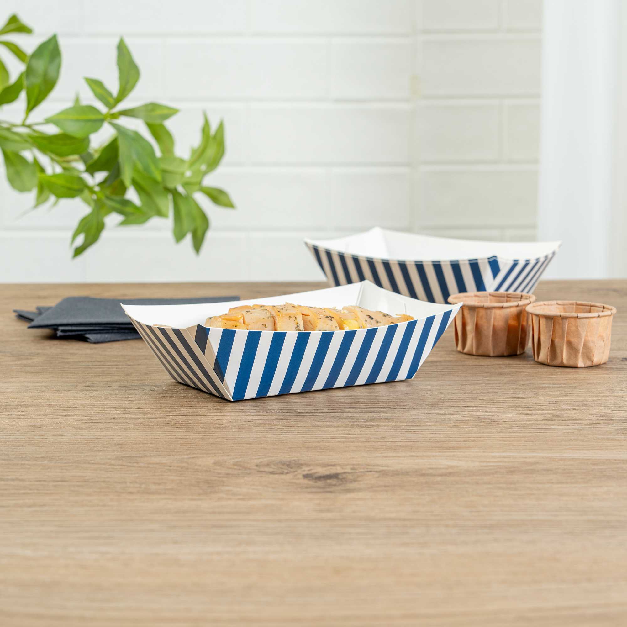 Bio Tek 1/2 lb Blue and White Stripe Paper #50 Food Tray / Boat - 4 1/4" x 2 3/4" x 1 1/2" - 50 count box