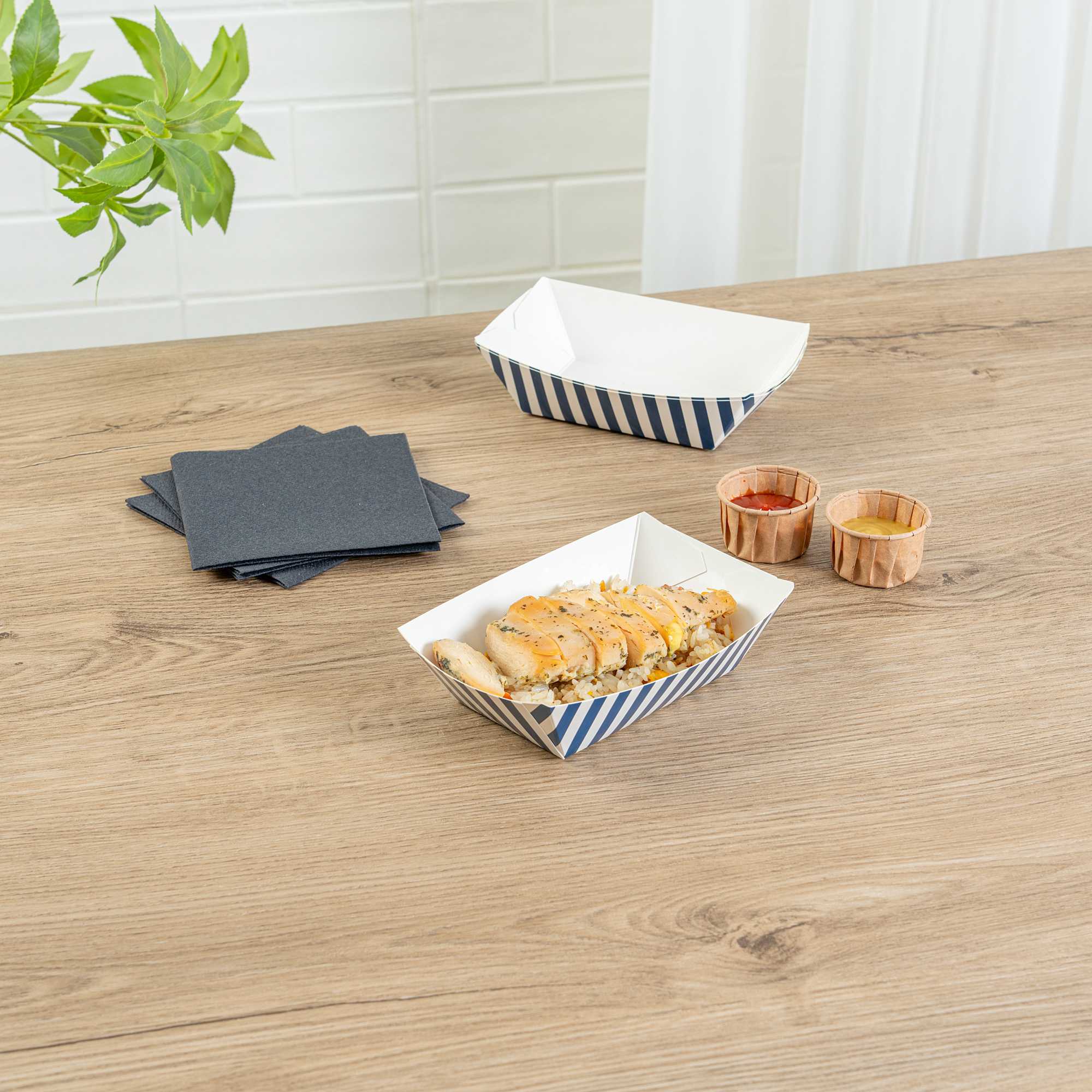 Bio Tek 1/2 lb Blue and White Stripe Paper #50 Food Tray / Boat - 4 1/4" x 2 3/4" x 1 1/2" - 50 count box
