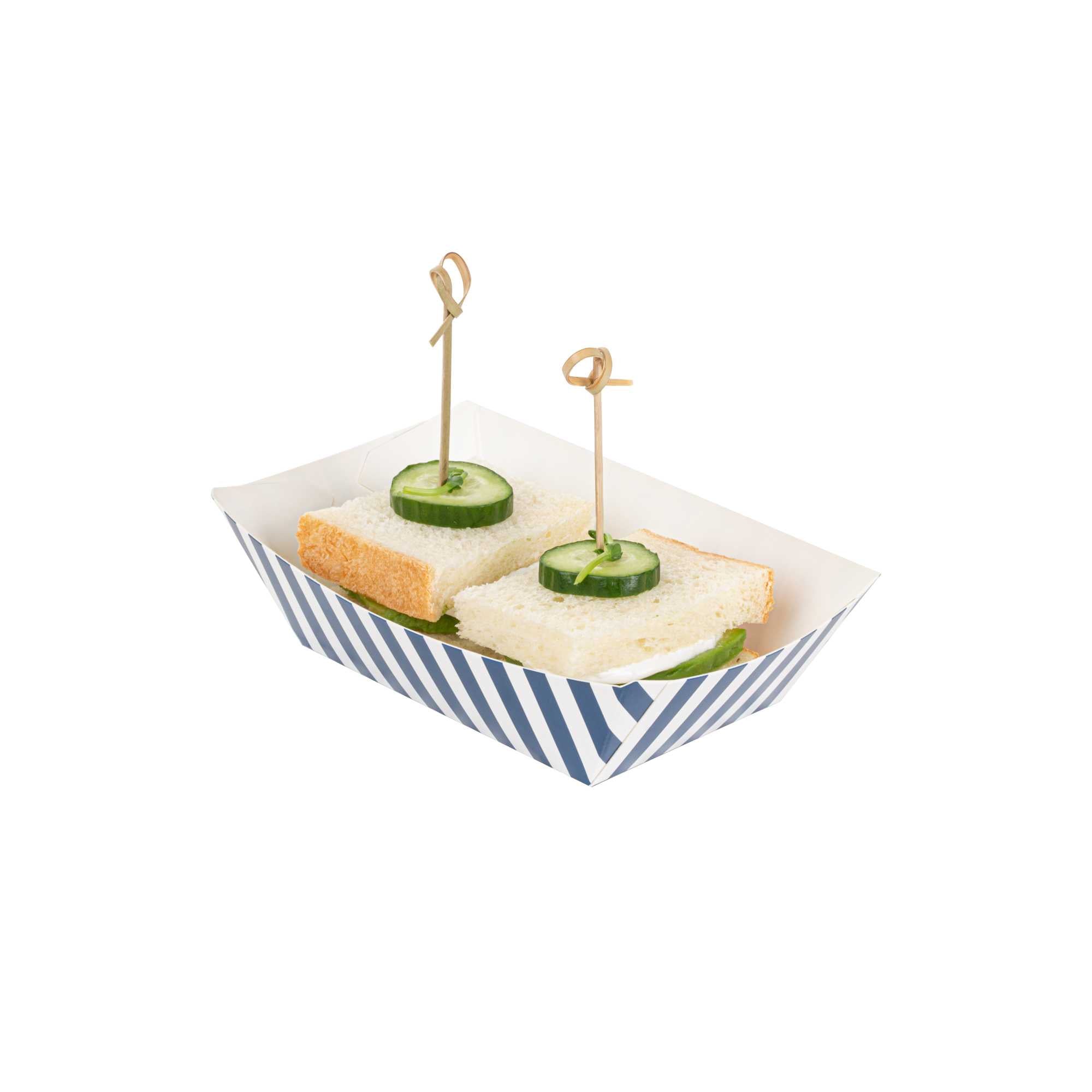 Bio Tek 1/2 lb Blue and White Stripe Paper #50 Food Tray / Boat - 4 1/4" x 2 3/4" x 1 1/2" - 400 count box