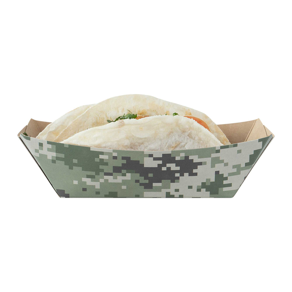Bio Tek 1/2 lb Camouflage Paper #50 Food Tray / Boat - 4 1/4" x 2 3/4" x 1 1/2" - 50 count box