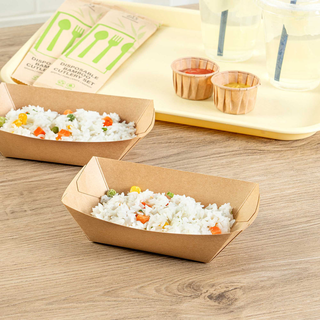 Bio Tek 1/2 lb Kraft Paper #50 Food Tray / Boat - 4 1/4" x 2 3/4" x 1 1/2" - 50 count box