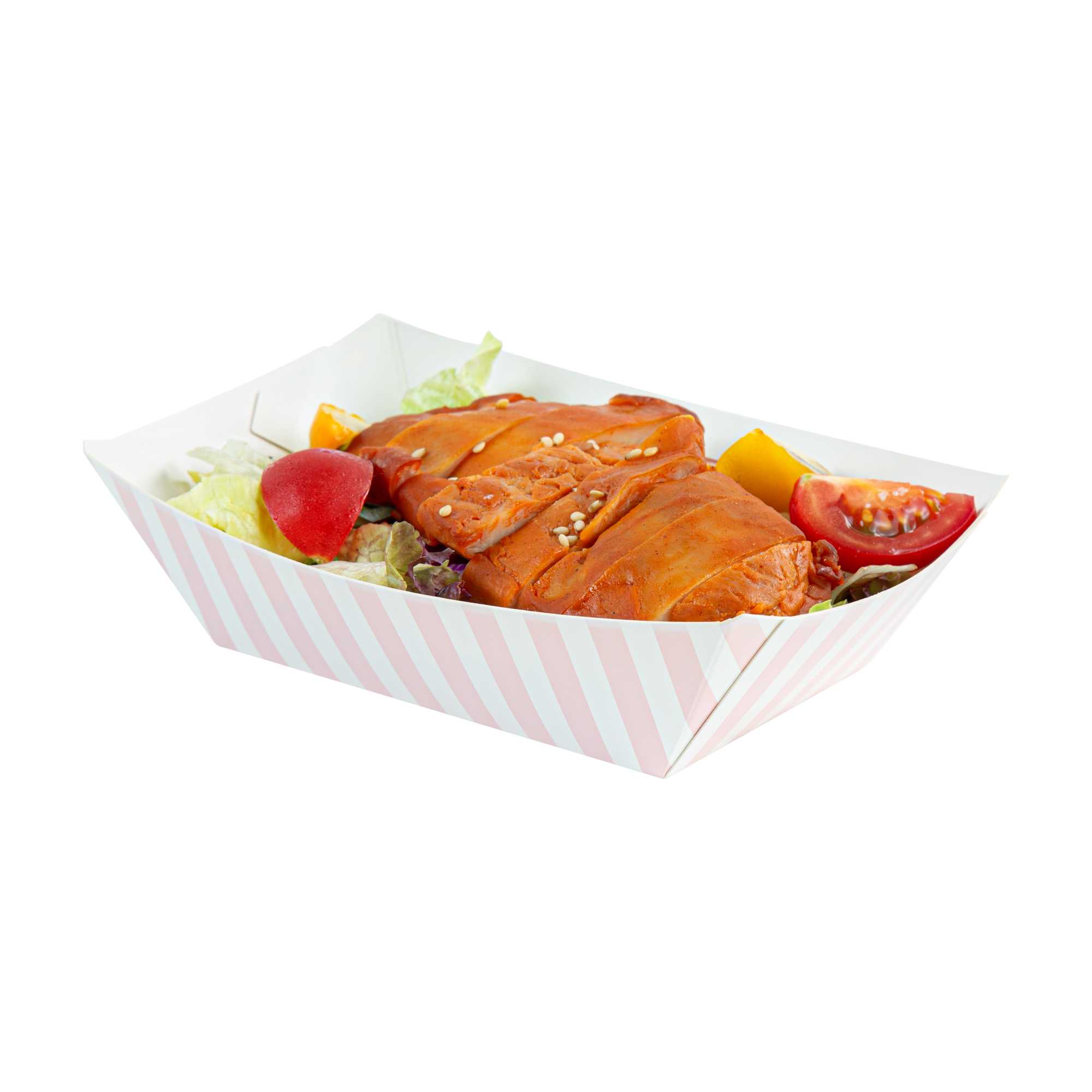 Bio Tek 1/2 lb Pink and White Stripe Paper #50 Food Tray / Boat - 4 1/4" x 2 3/4" x 1 1/2" - 400 count box