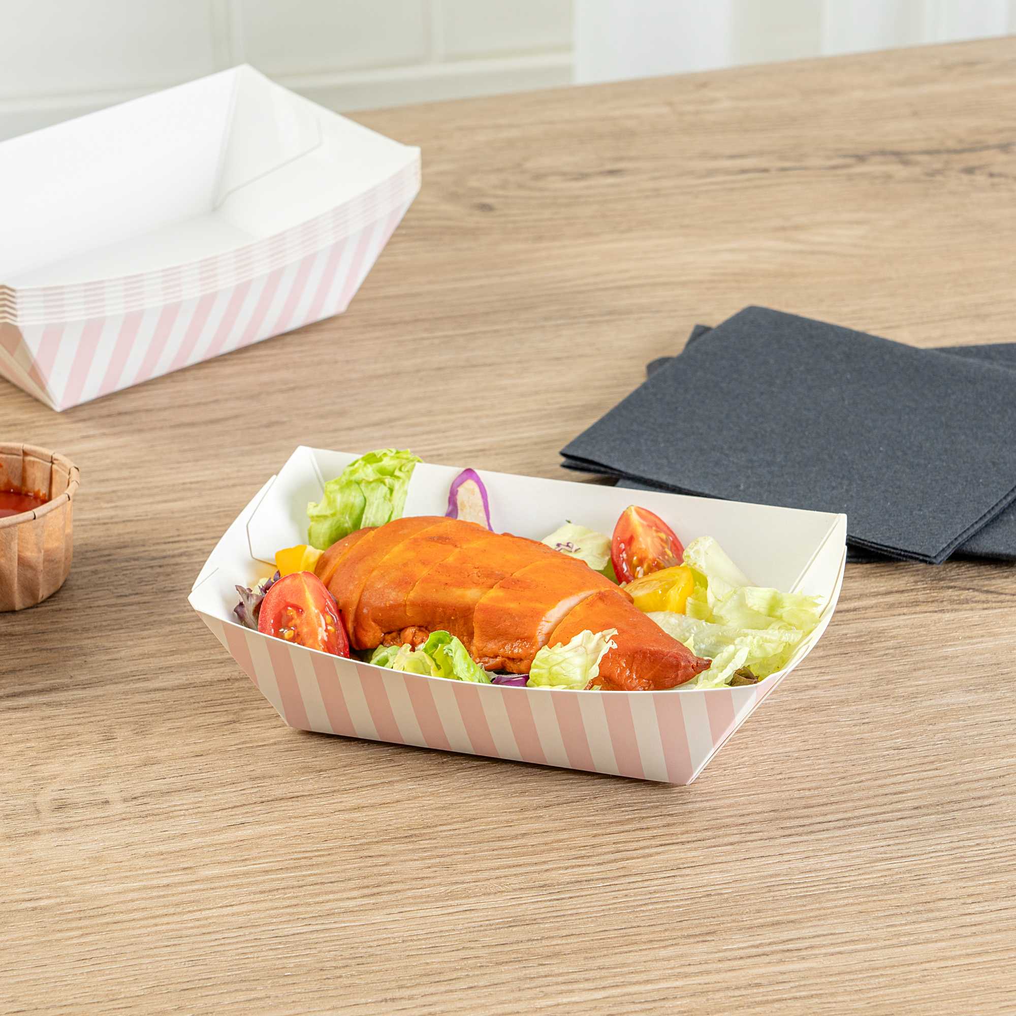 Bio Tek 1/2 lb Pink and White Stripe Paper #50 Food Tray / Boat - 4 1/4" x 2 3/4" x 1 1/2" - 50 count box