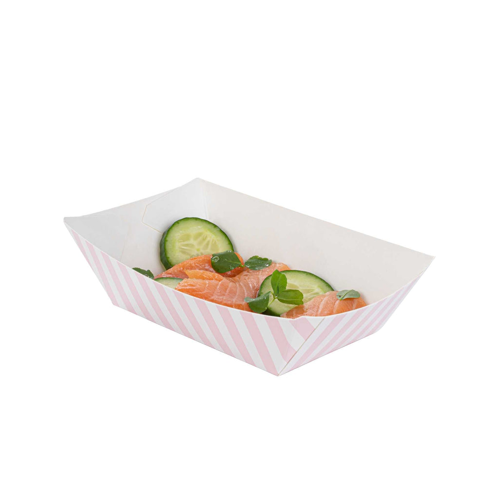 Bio Tek 1/2 lb Pink and White Stripe Paper #50 Food Tray / Boat - 4 1/4" x 2 3/4" x 1 1/2" - 400 count box