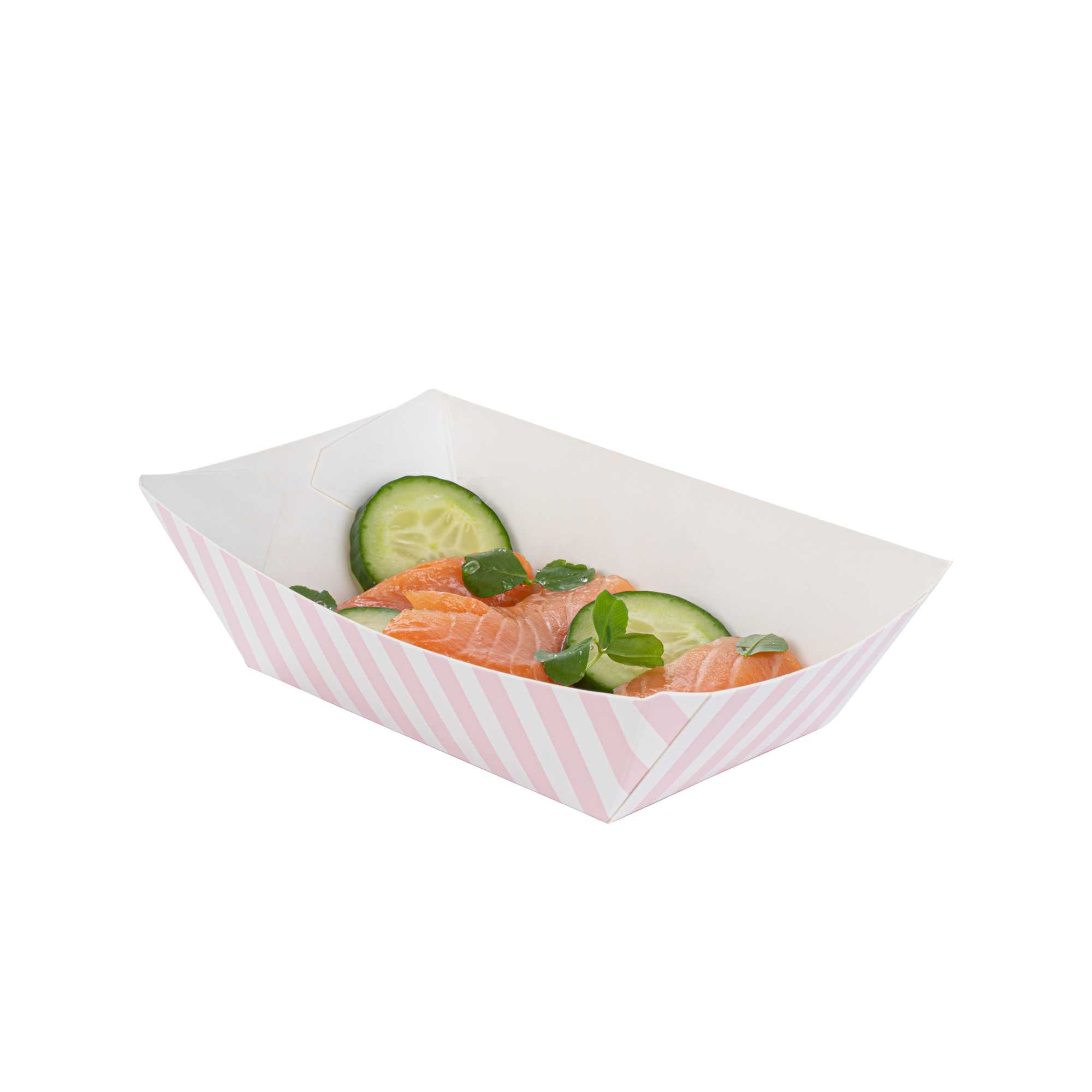 Bio Tek 1/2 lb Pink and White Stripe Paper #50 Food Tray / Boat - 4 1/4" x 2 3/4" x 1 1/2" - 400 count box