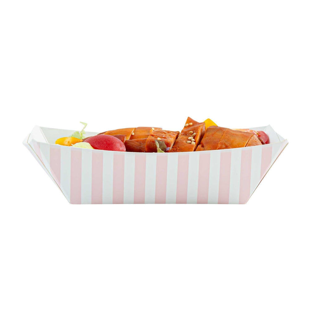 Bio Tek 1/2 lb Pink and White Stripe Paper #50 Food Tray / Boat - 4 1/4" x 2 3/4" x 1 1/2" - 400 count box