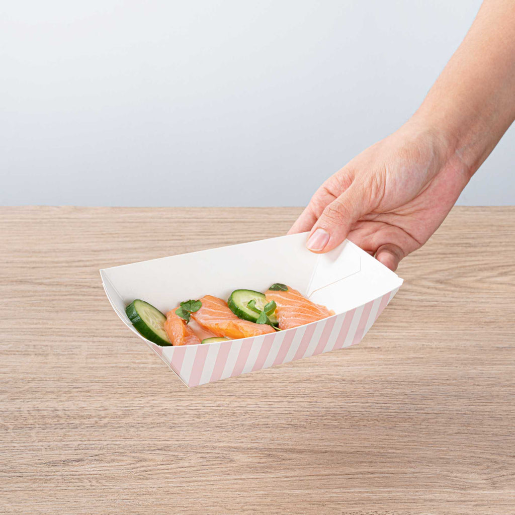 Bio Tek 1/2 lb Pink and White Stripe Paper #50 Food Tray / Boat - 4 1/4" x 2 3/4" x 1 1/2" - 400 count box