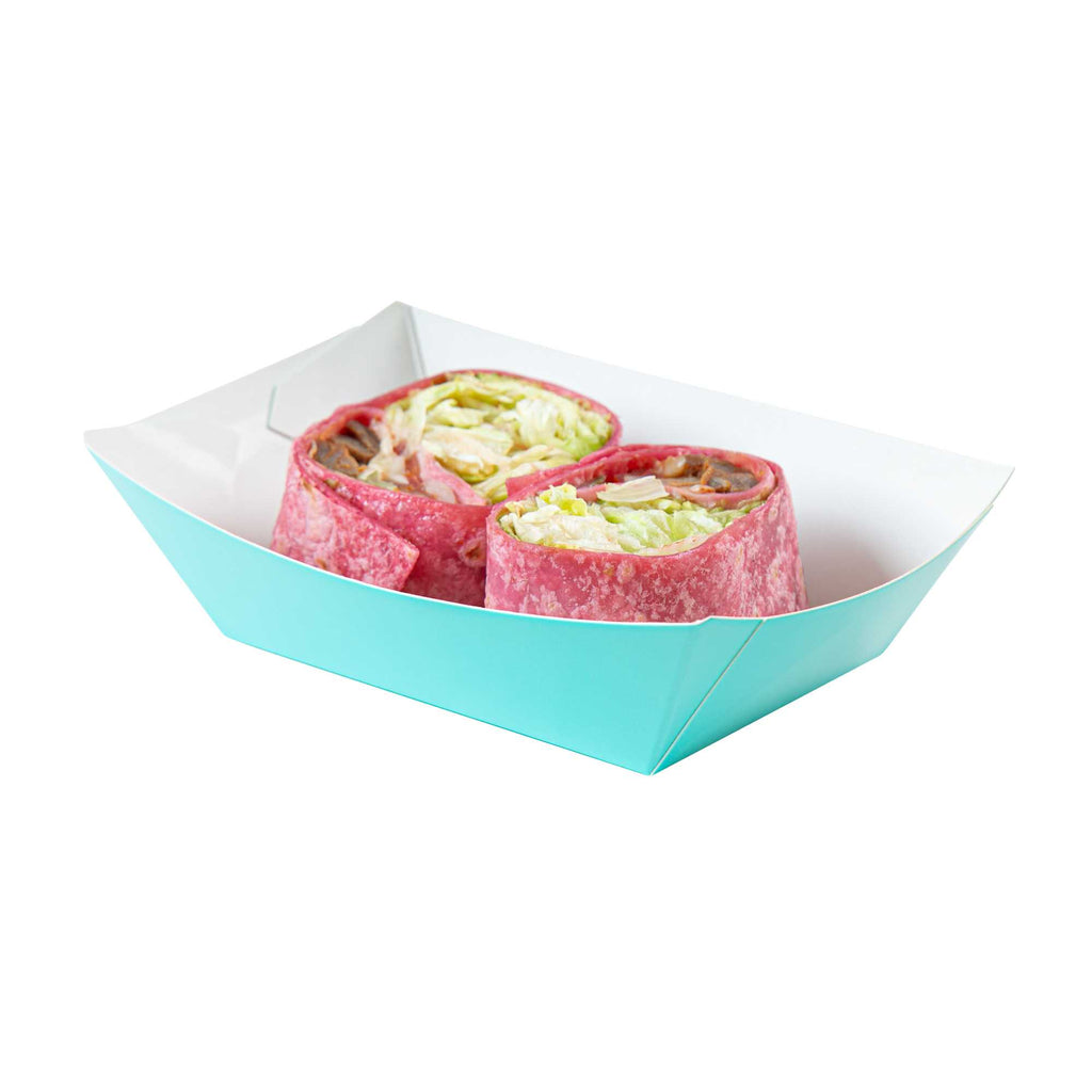 Bio Tek 1/2 lb Turquoise Paper #50 Food Tray / Boat - 4 1/4" x 2 3/4" x 1 1/2" - 50 count box