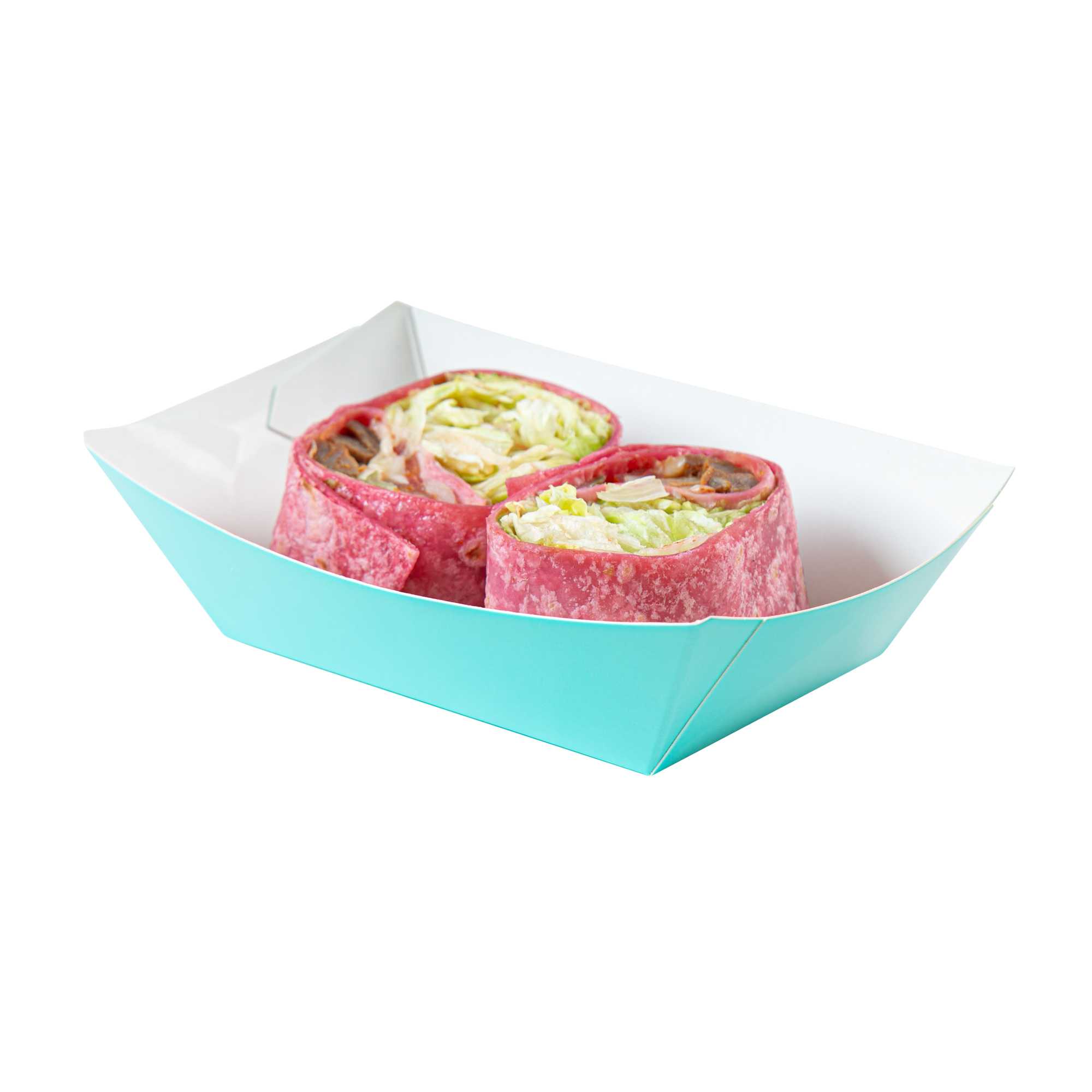 Bio Tek 1/2 lb Turquoise Paper #50 Food Tray / Boat - 4 1/4" x 2 3/4" x 1 1/2" - 50 count box