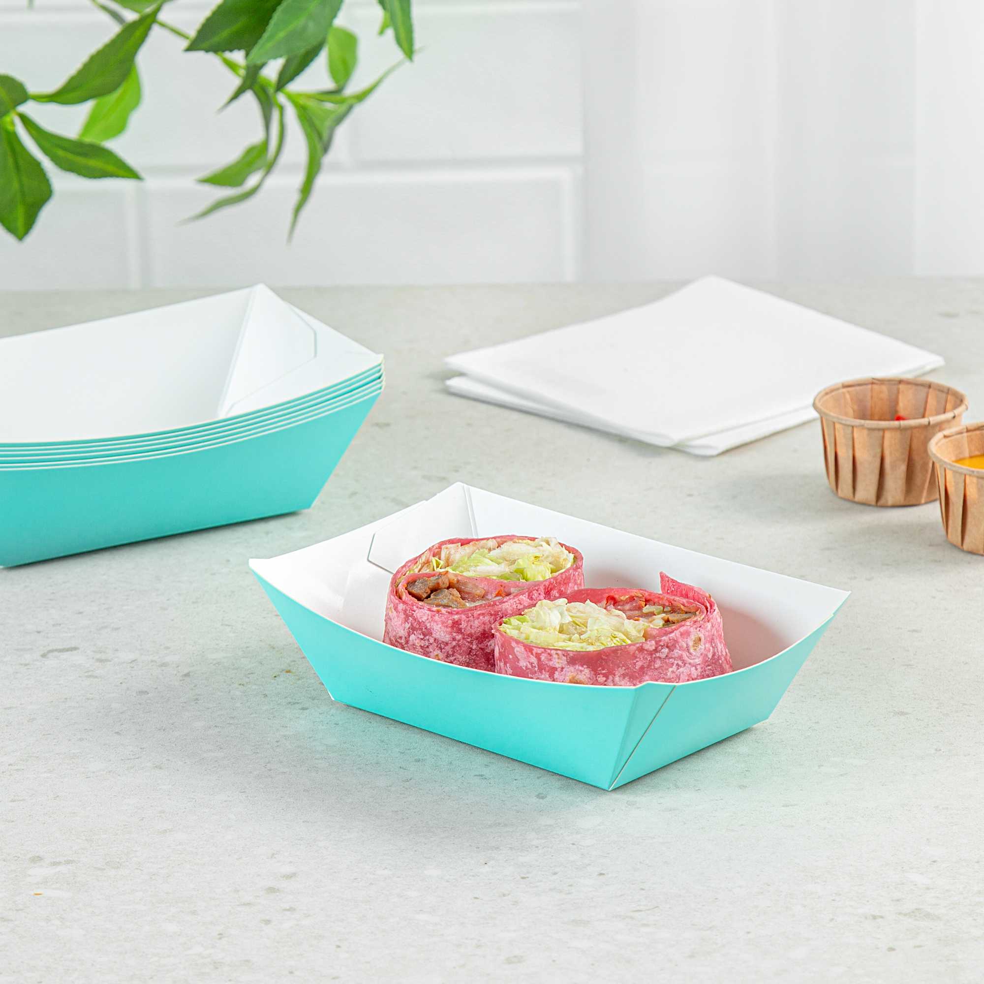 Bio Tek 1/2 lb Turquoise Paper #50 Food Tray / Boat - 4 1/4" x 2 3/4" x 1 1/2" - 50 count box