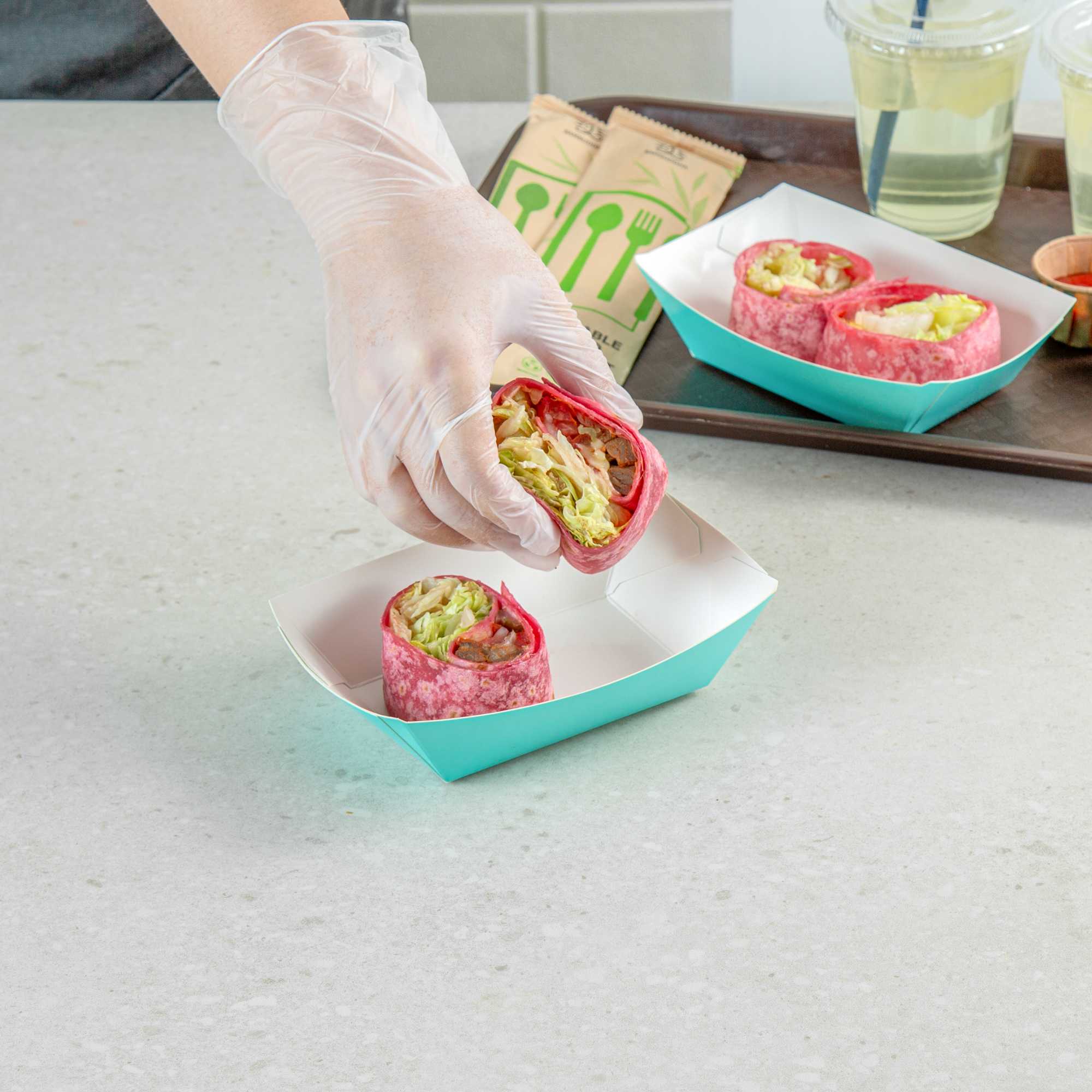 Bio Tek 1/2 lb Turquoise Paper #50 Food Tray / Boat - 4 1/4" x 2 3/4" x 1 1/2" - 50 count box