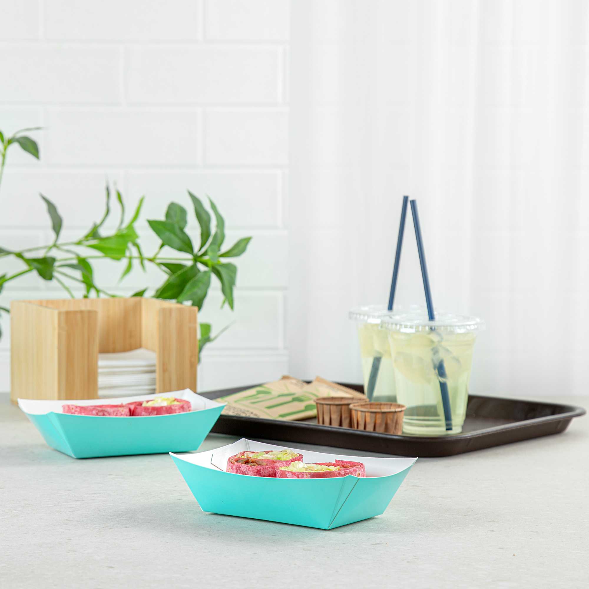 Bio Tek 1/2 lb Turquoise Paper #50 Food Tray / Boat - 4 1/4" x 2 3/4" x 1 1/2" - 50 count box