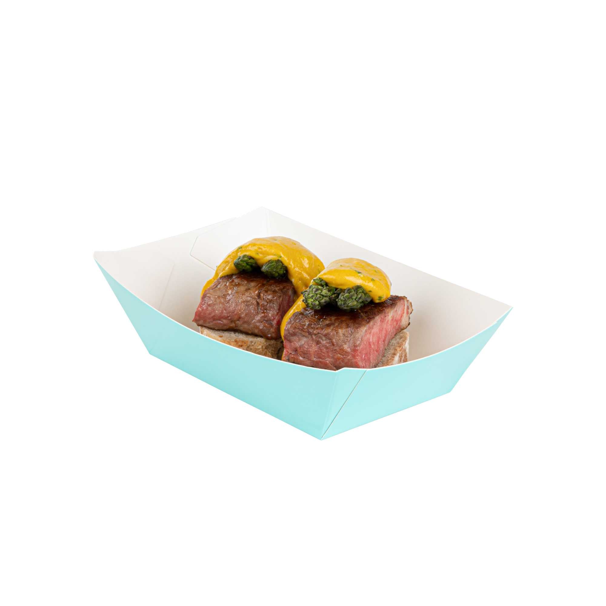 Bio Tek 1/2 lb Turquoise Paper #50 Food Tray / Boat - 4 1/4" x 2 3/4" x 1 1/2" - 400 count box