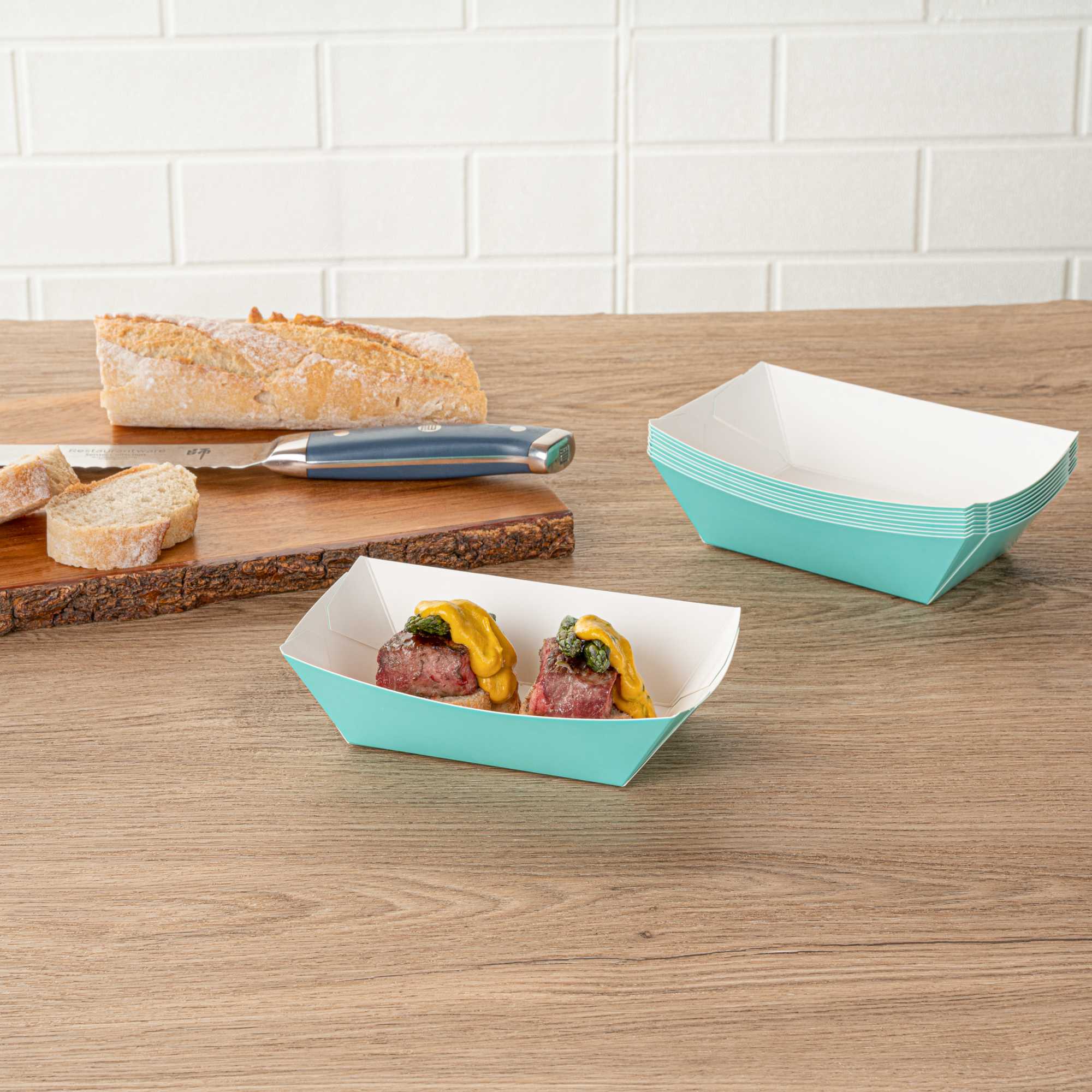 Bio Tek 1/2 lb Turquoise Paper #50 Food Tray / Boat - 4 1/4" x 2 3/4" x 1 1/2" - 400 count box
