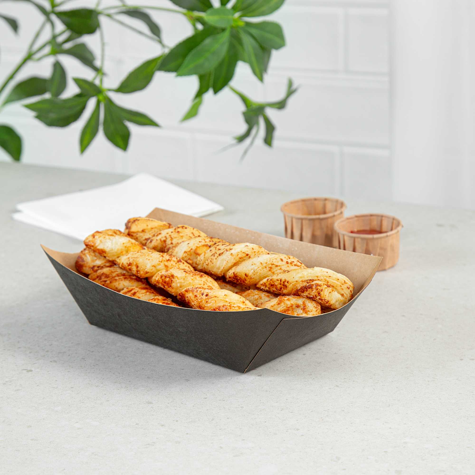 Bio Tek 1 lb Black Paper #100 Food Tray / Boat - 5 1/2" x 3 1/2" x 2" - 200 count box