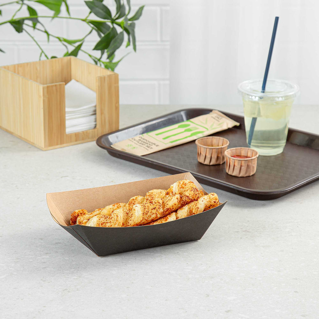 Bio Tek 1 lb Black Paper #100 Food Tray / Boat - 5 1/2" x 3 1/2" x 2" - 50 count box