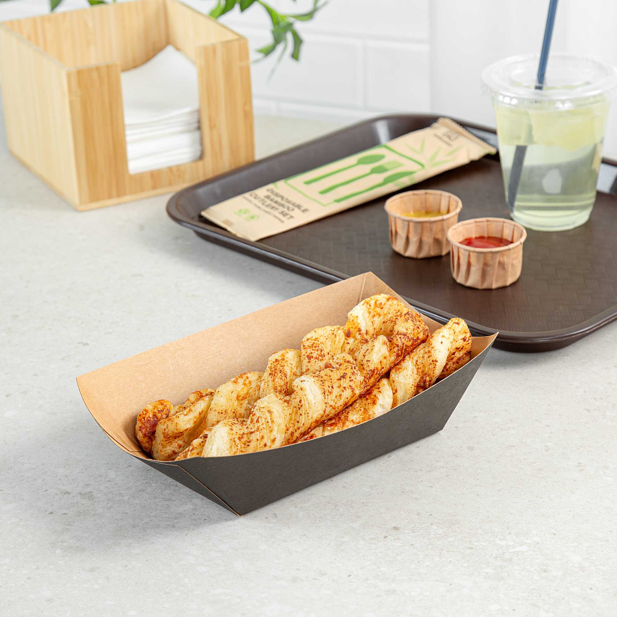 Bio Tek 1 lb Black Paper #100 Food Tray / Boat - 5 1/2" x 3 1/2" x 2" - 50 count box
