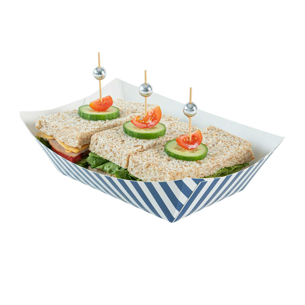 Bio Tek 1 lb Blue and White Stripe Paper #100 Food Tray / Boat - 5 1/2" x 3 1/2" x 2" - 200 count box