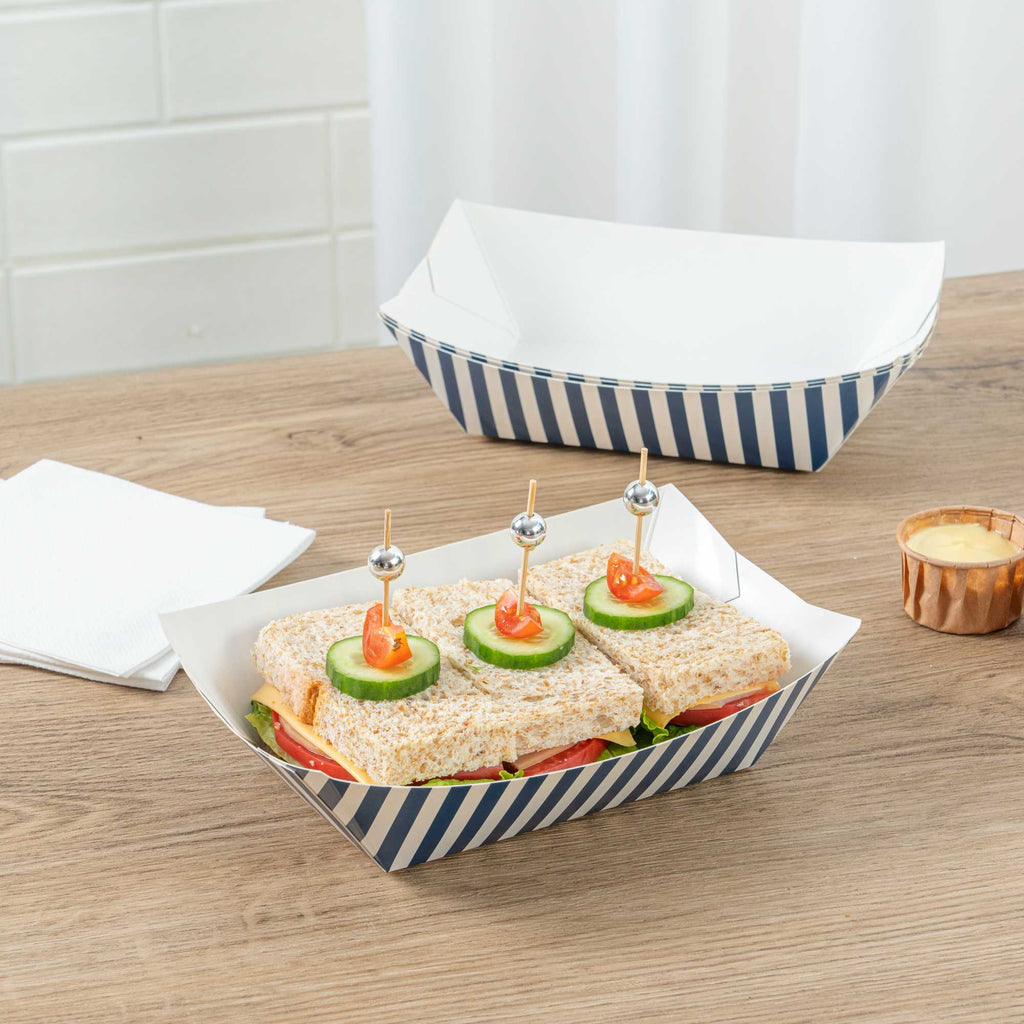Bio Tek 1 lb Blue and White Stripe Paper #100 Food Tray / Boat - 5 1/2" x 3 1/2" x 2" - 50 count box