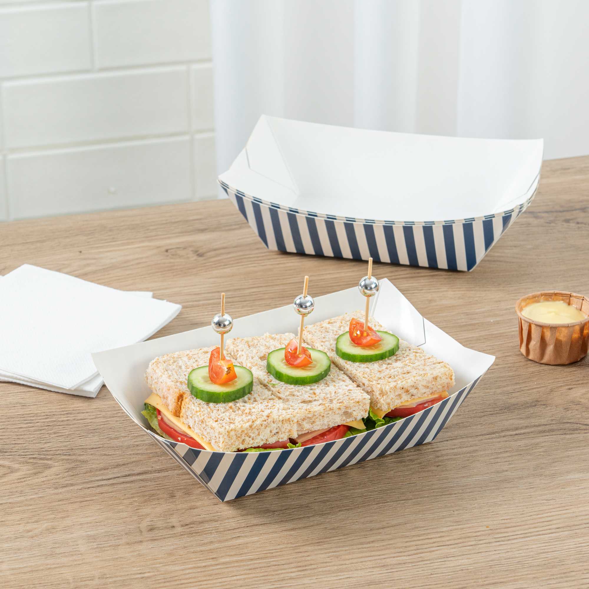 Bio Tek 1 lb Blue and White Stripe Paper #100 Food Tray / Boat - 5 1/2" x 3 1/2" x 2" - 50 count box