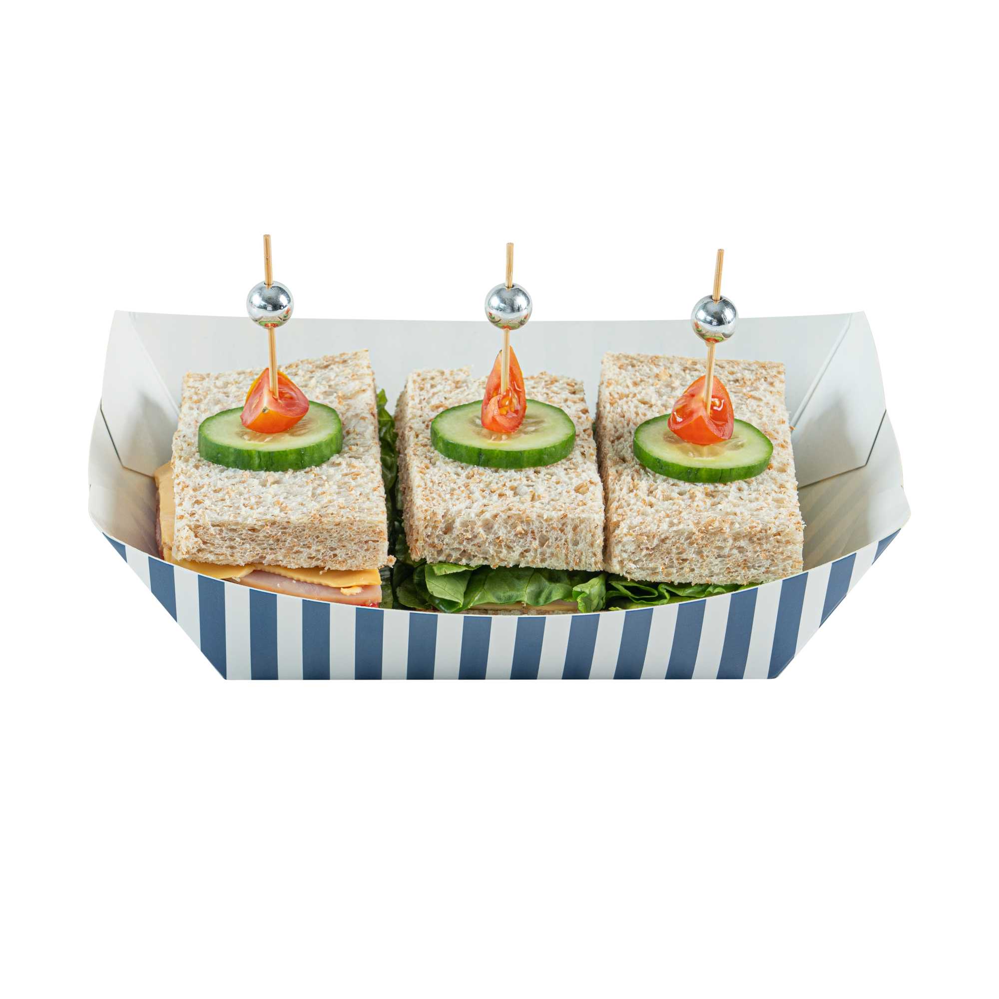 Bio Tek 1 lb Blue and White Stripe Paper #100 Food Tray / Boat - 5 1/2" x 3 1/2" x 2" - 50 count box