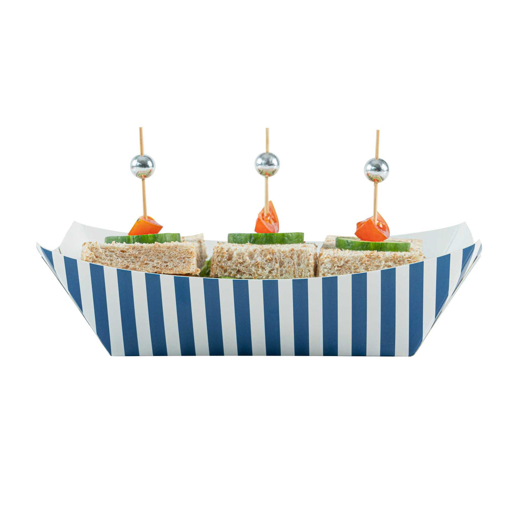 Bio Tek 1 lb Blue and White Stripe Paper #100 Food Tray / Boat - 5 1/2" x 3 1/2" x 2" - 50 count box